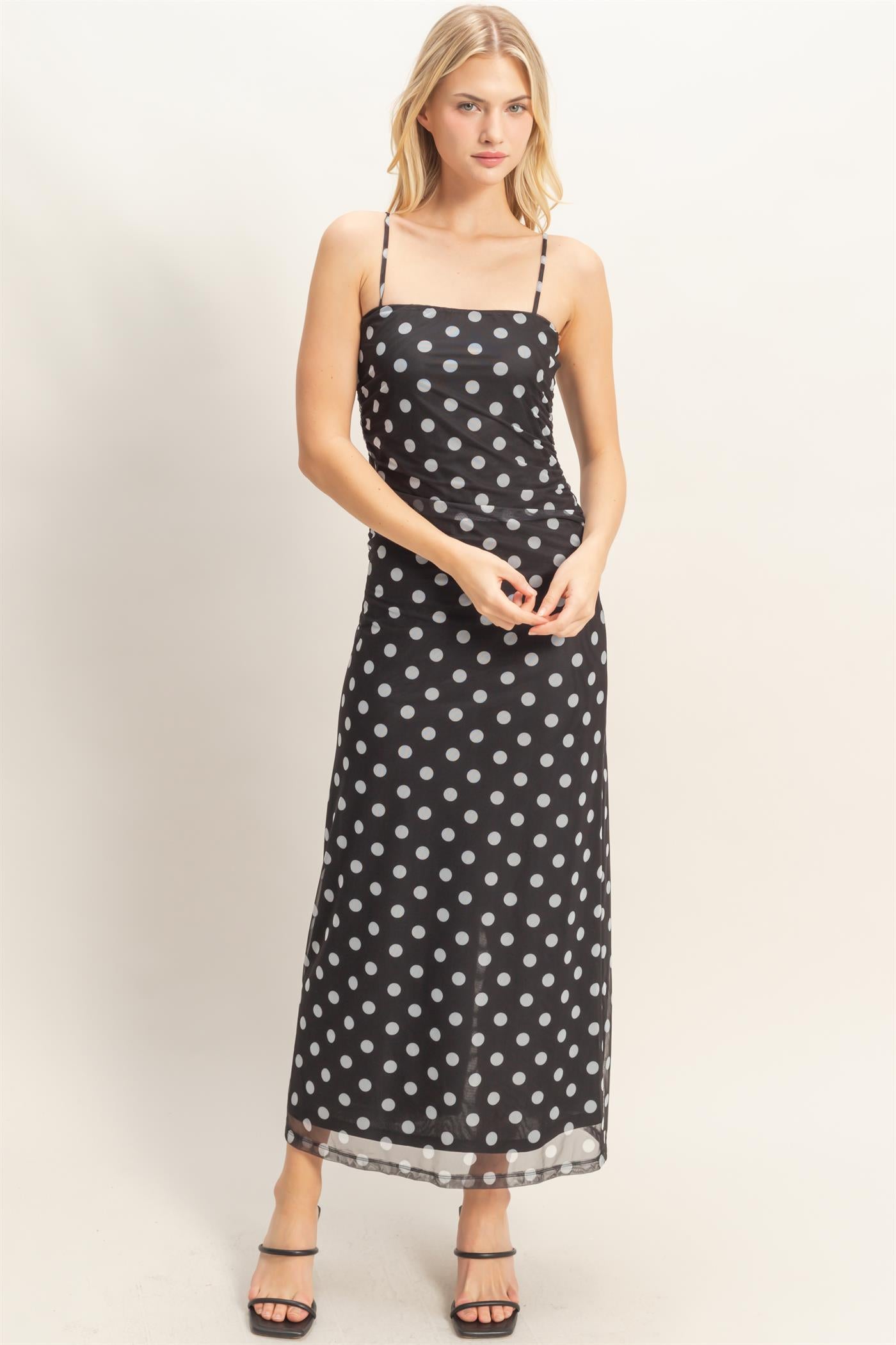 Wholesale Strap Polka Dot Midi Dress Dresses HF26A985 BLACK HYFVE