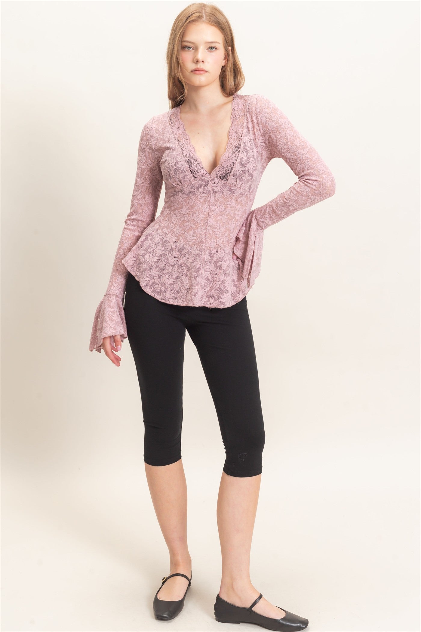 Wholesale Lace V-Neck Flare Sleeve Top Clothing Tops HF26E359 LIGHT MAUVE HYFVE