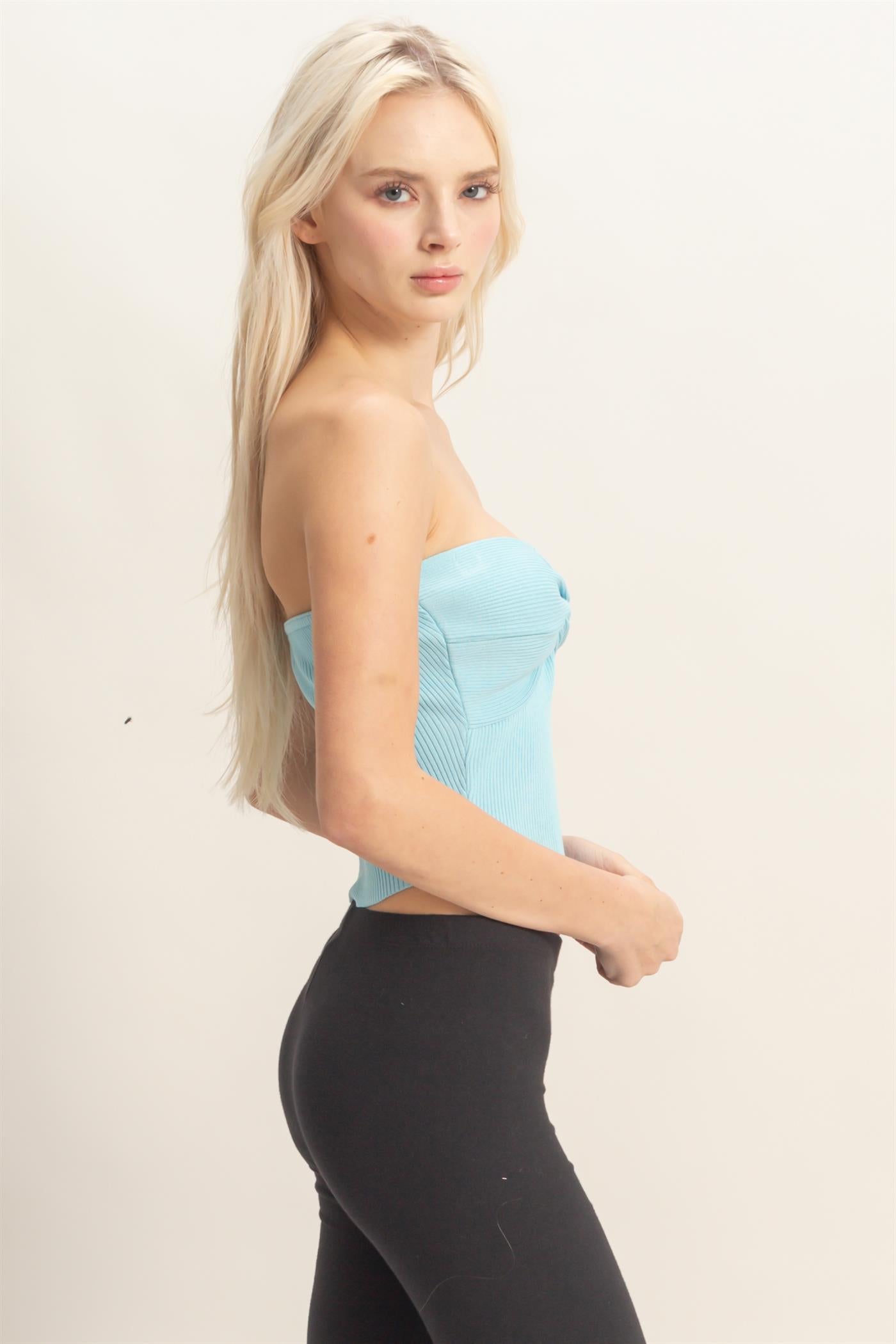 Wholesale Ribbed Knot Bustier Top Clothing Tops DZ26A308 BLUE DOUBLE ZERO
