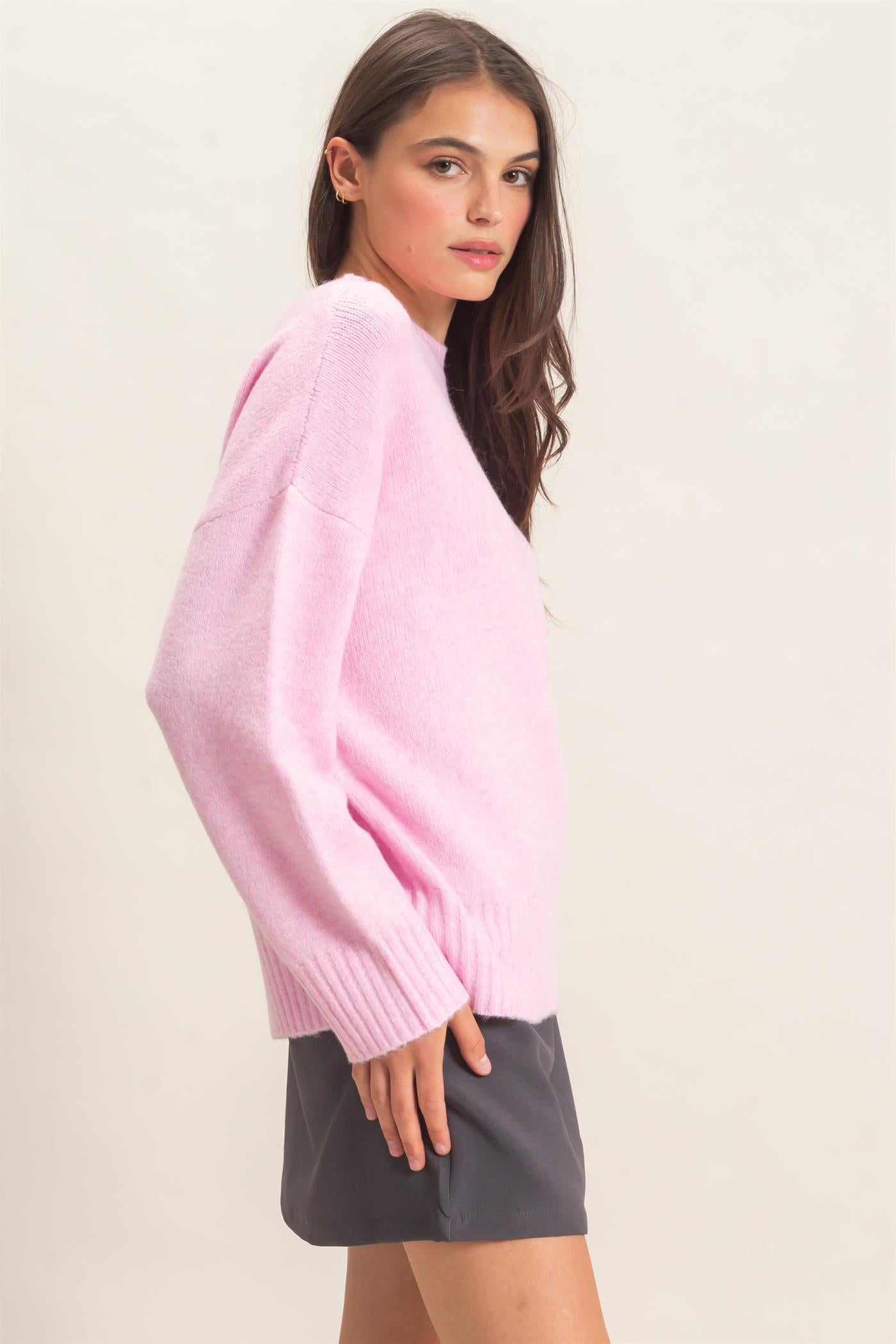 Wholesale Ribbed Crew Neck Sweater Sweaters HF26F179-D PINK HYFVE
