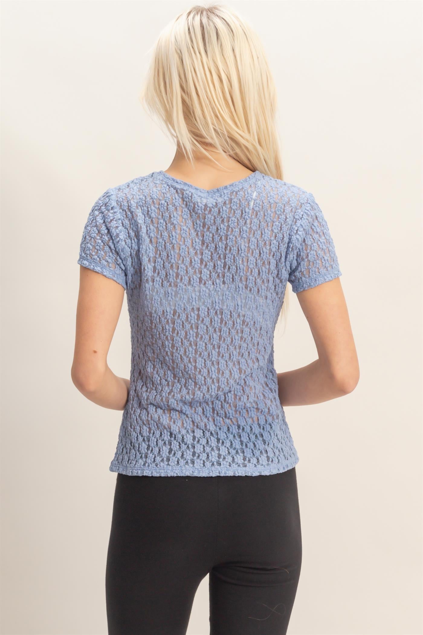Wholesale Textured Lace Short Sleeve Top Clothing Tops DZ26C394 PALE INDIGO DOUBLE ZERO