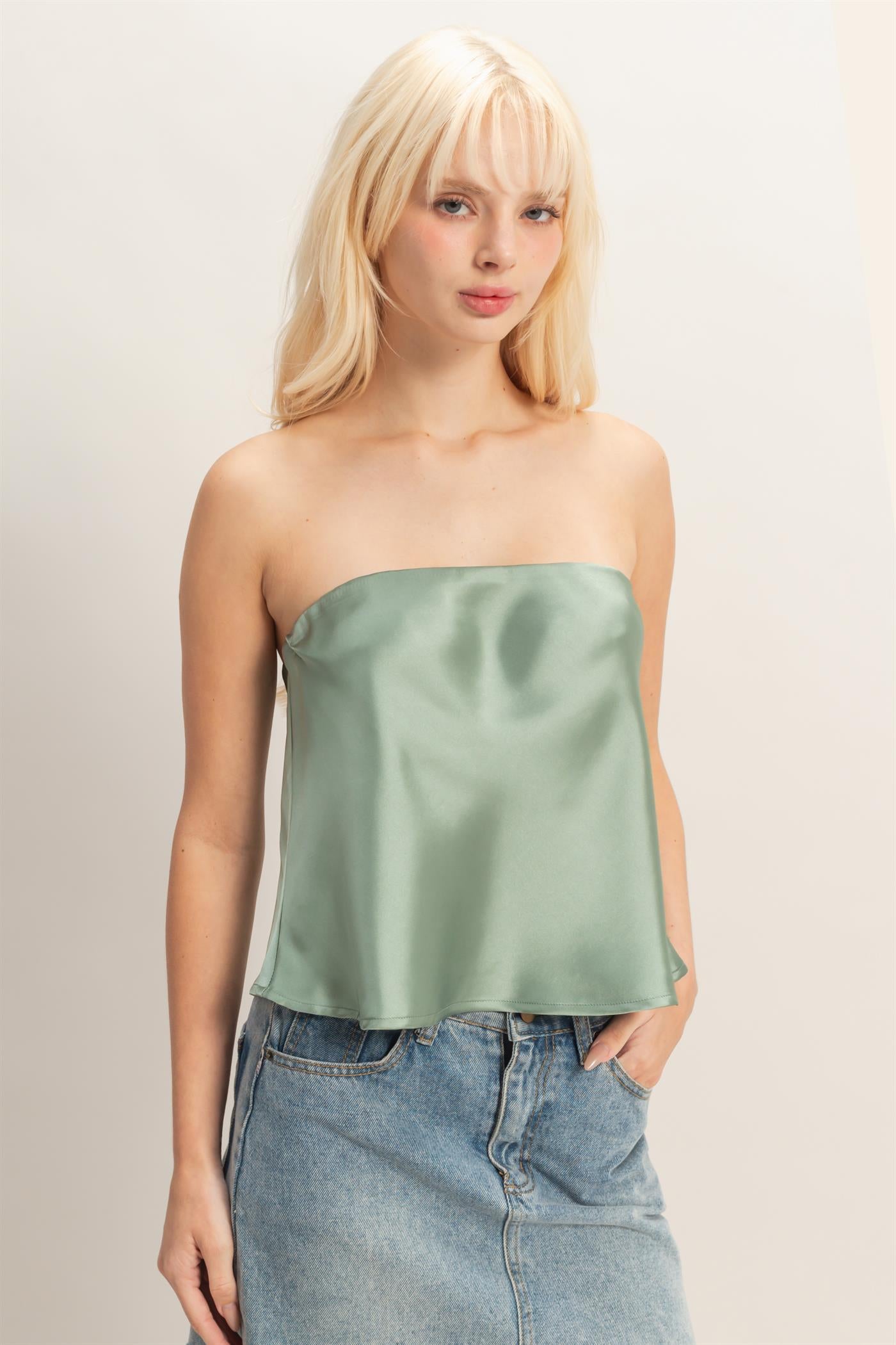 Wholesale Satin Strapless Tube Top Clothing Tops DZ26C398 SAGE GREEN DOUBLE ZERO