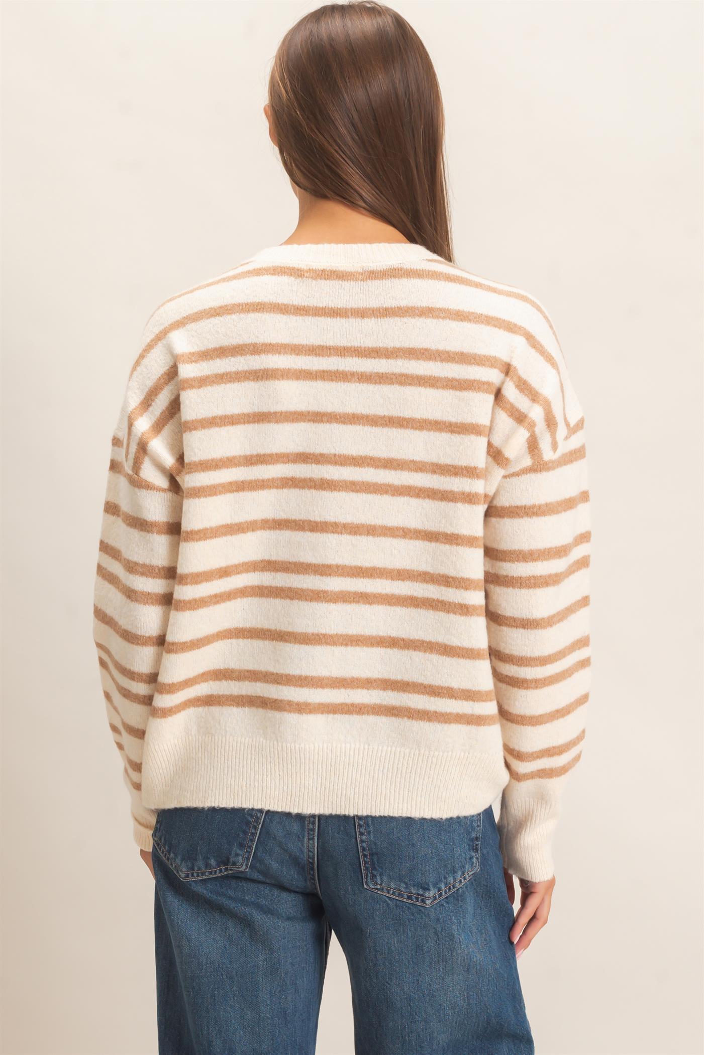 Wholesale Striped Crew Neck Sweater Sweaters DZ26E389 TAUPE DOUBLE ZERO