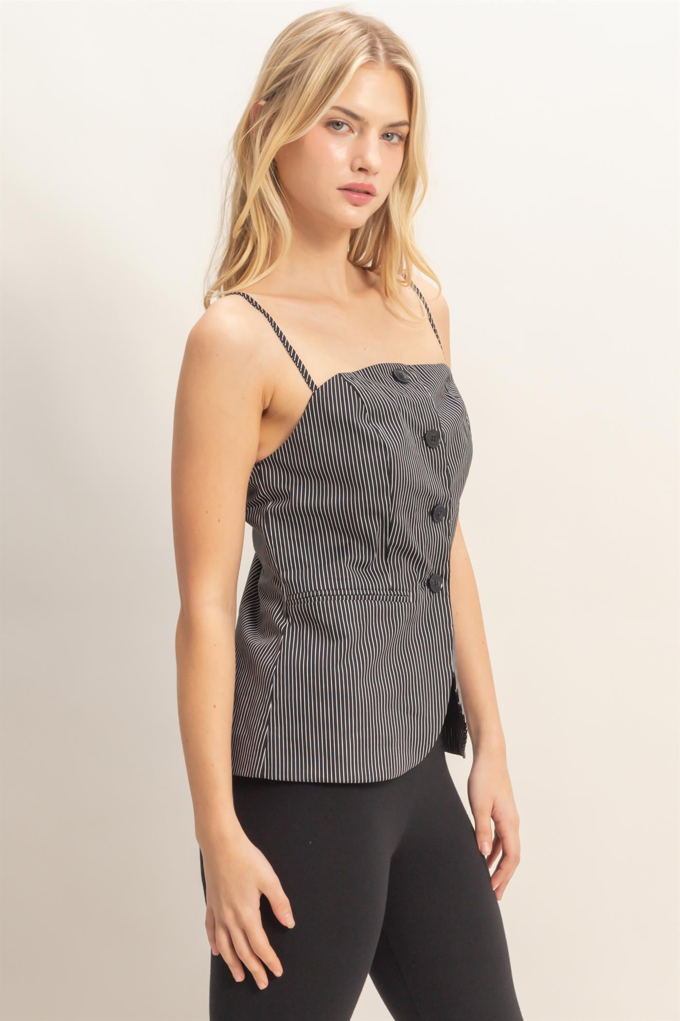 Wholesale Pinstripe Button Front Camisole Tank Tops HF25E715 BLACK HYFVE