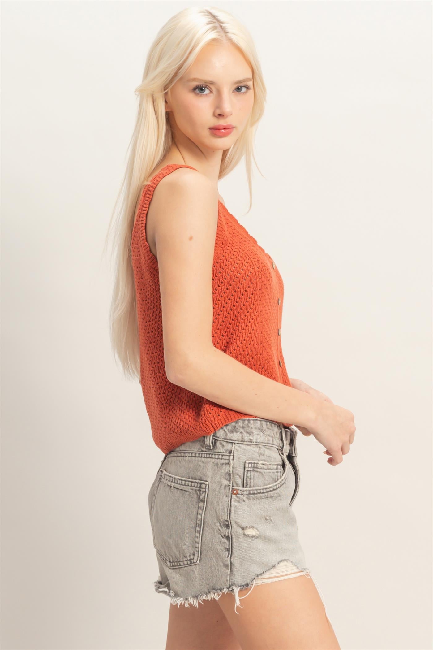 Wholesale Open Knit Scallop Edge Button Front Tank Top Tank Tops DZ26A221 RUST DOUBLE ZERO