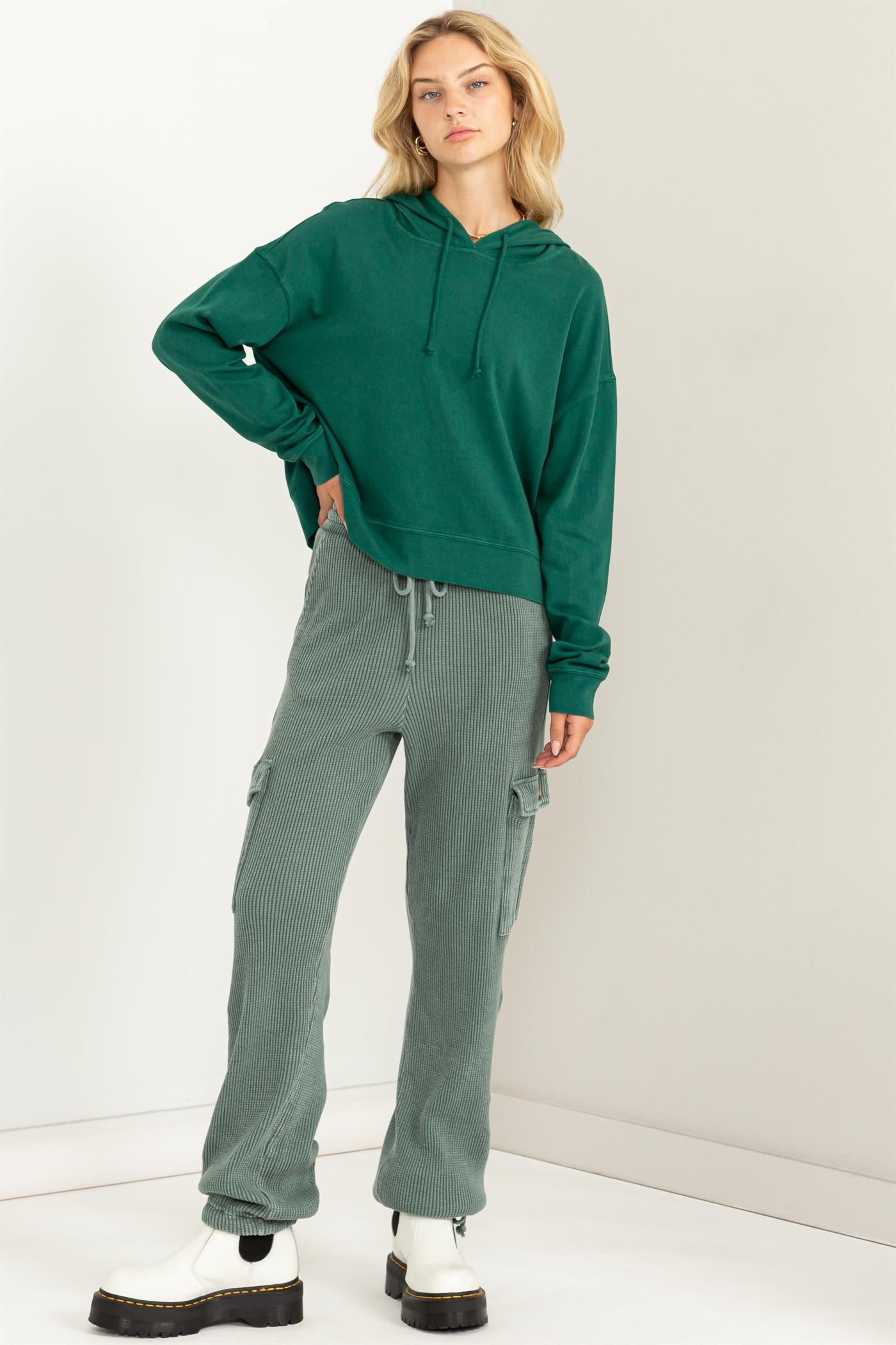 Wholesale Long Sleeve Drawstring Hoodie Clothing Tops DZ23E999 PINE GREEN DOUBLE ZERO