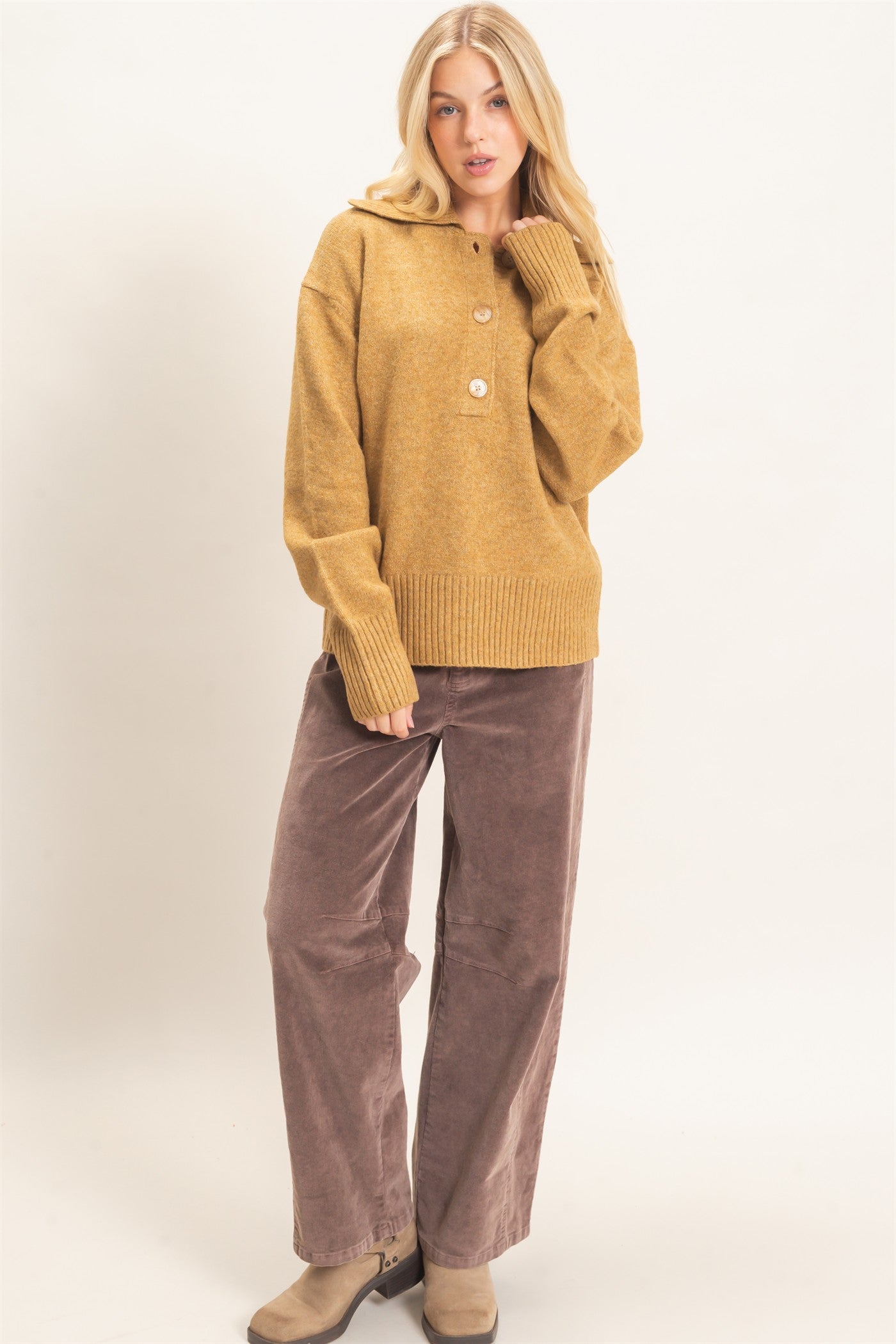 Wholesale Button-Up Collared Sweater Sweaters HF26E752 CAMEL HYFVE
