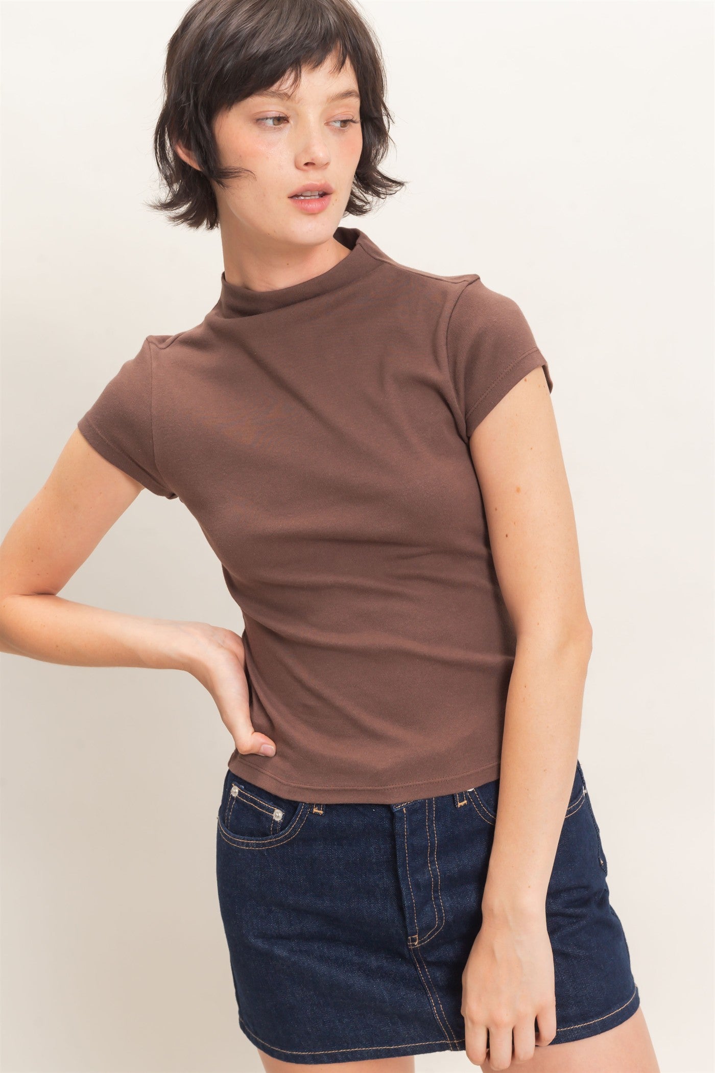 Wholesale Mock Neck Cap Sleeve Top Clothing Tops DZ26E323 DARK BROWN DOUBLE ZERO
