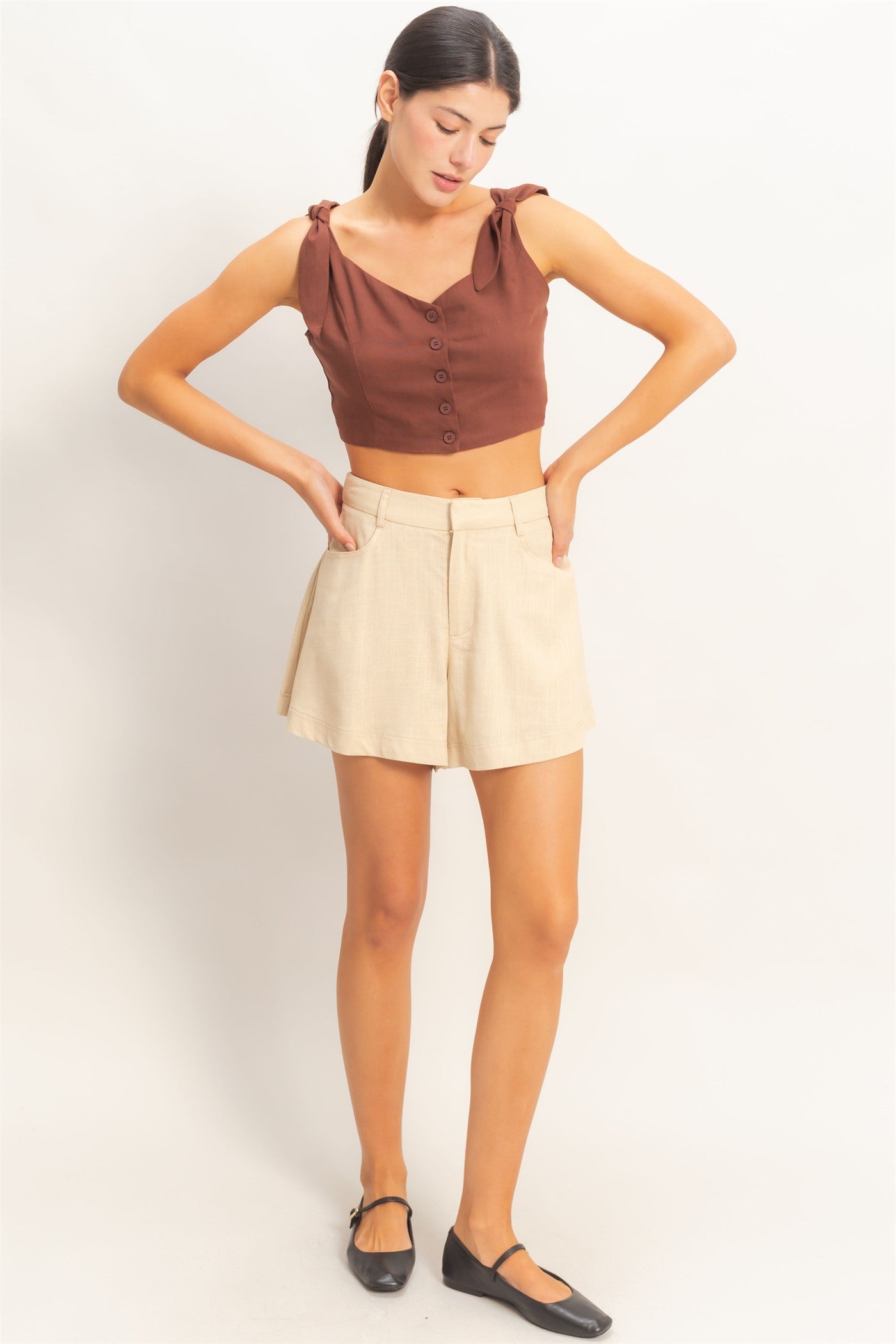 Wholesale Button-Up Tie Strap Crop Top Clothing Tops HF26A445 CHOCOLATE HYFVE