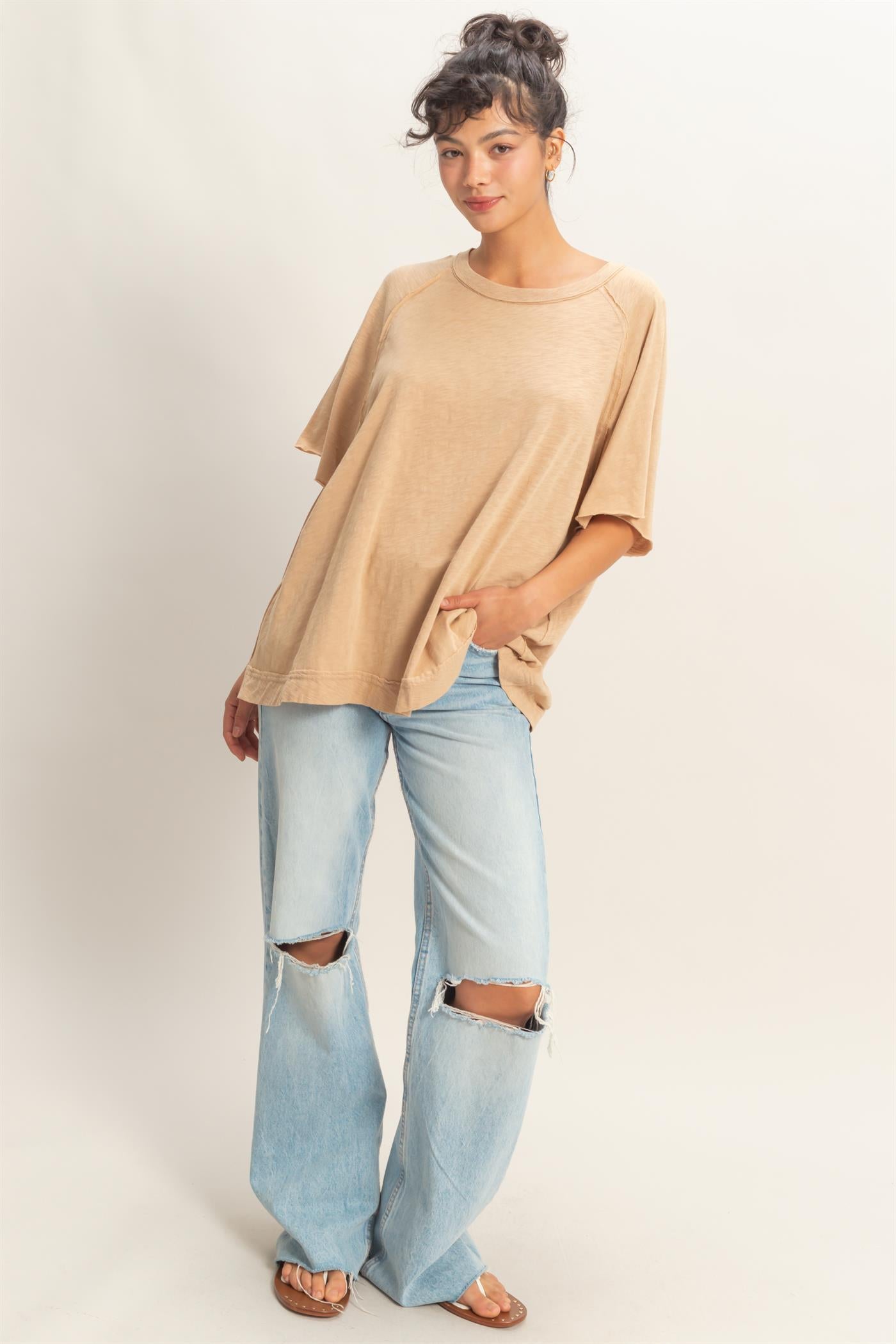 Wholesale Acid Washed Oversized Raw Edges Raglan Tee T-Shirts DZ26A333 DARK TAUPE DOUBLE ZERO