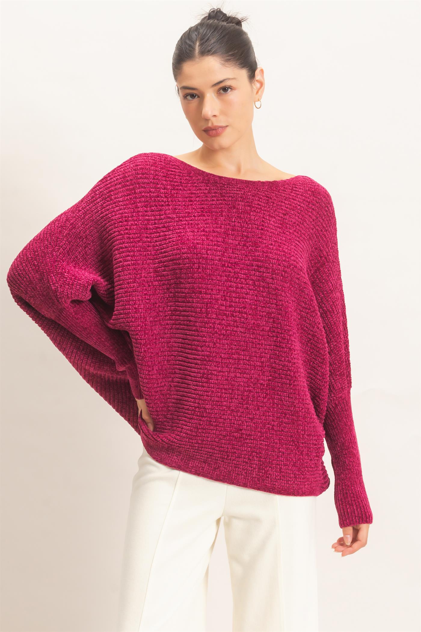 Wholesale Chenille Boat Neck Dolman Sleeve Sweater Sweaters HF26F185 BURGUNDY HYFVE