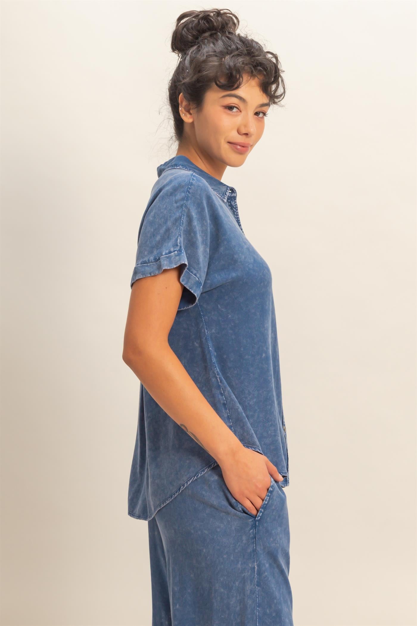 Wholesale Mineral Wash Button-Up Dolman Sleeve Shirt Shirts DZ26C132 NAVY DOUBLE ZERO
