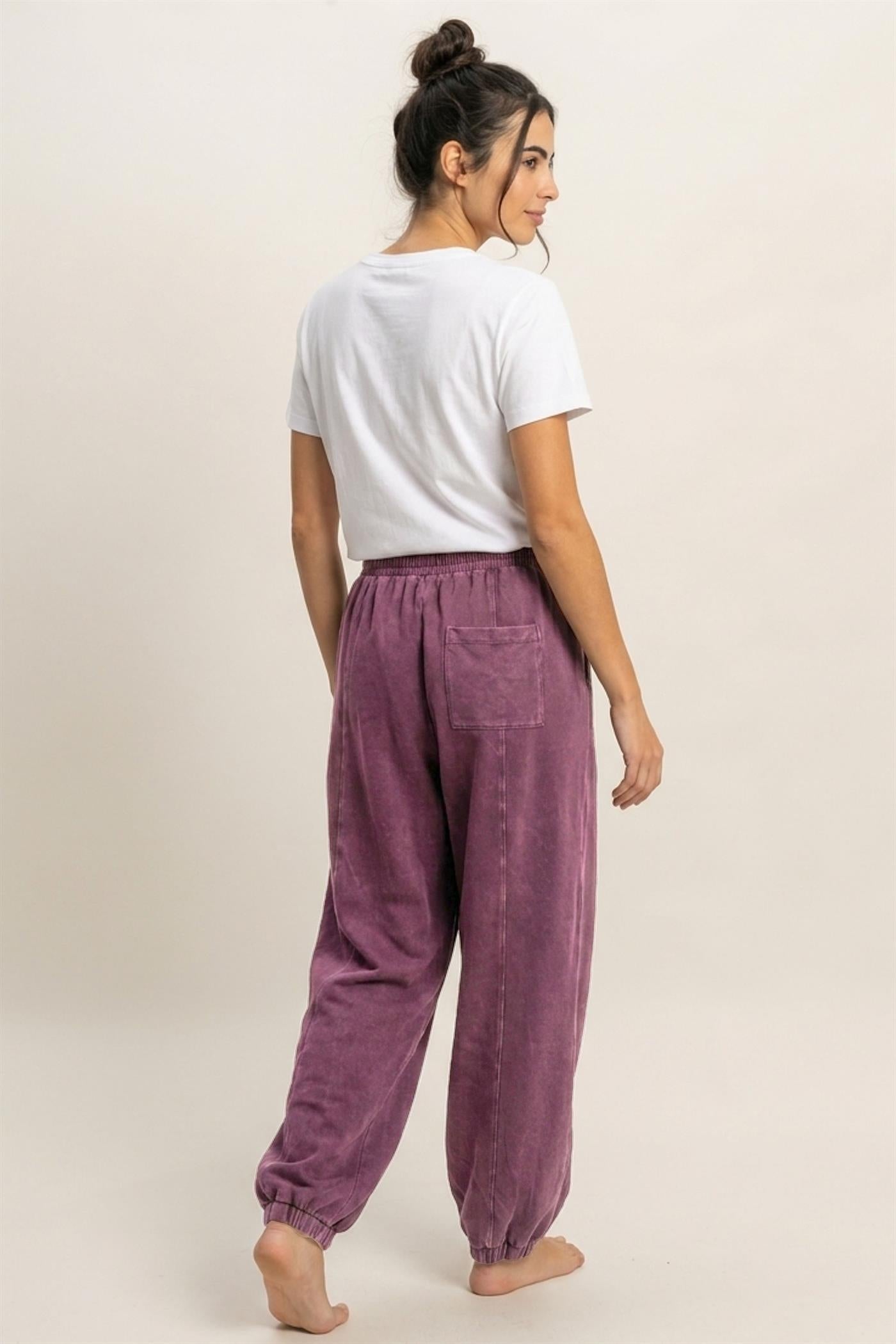 Wholesale Mineral Wash Elastic Waist Jogger Pants Joggers DZ26F405 DARK CHERRY DOUBLE ZERO