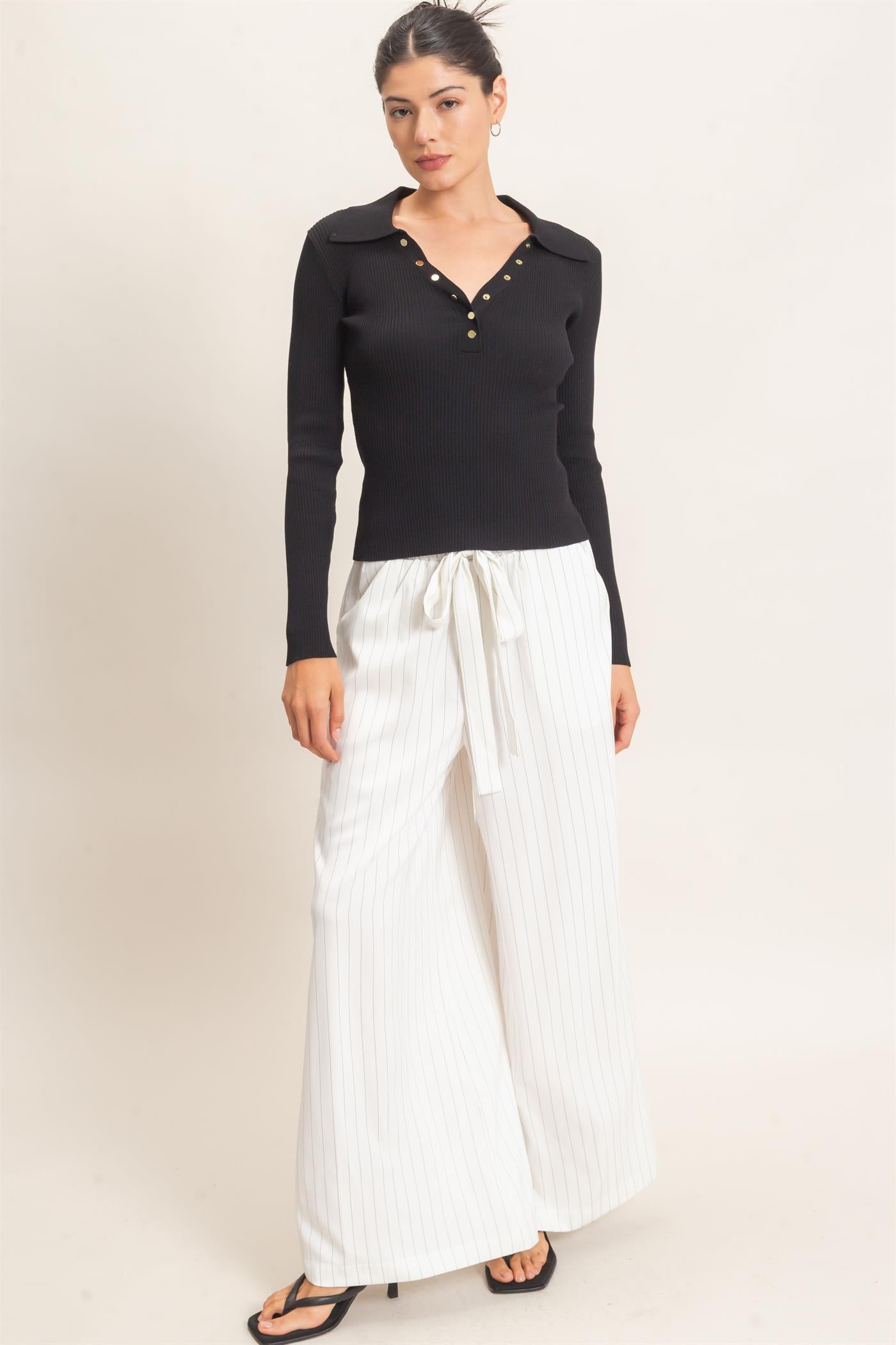 Wholesale Ribbed V-Neck Sweater With Collar Clothing Tops HF26E684 BLACK HYFVE