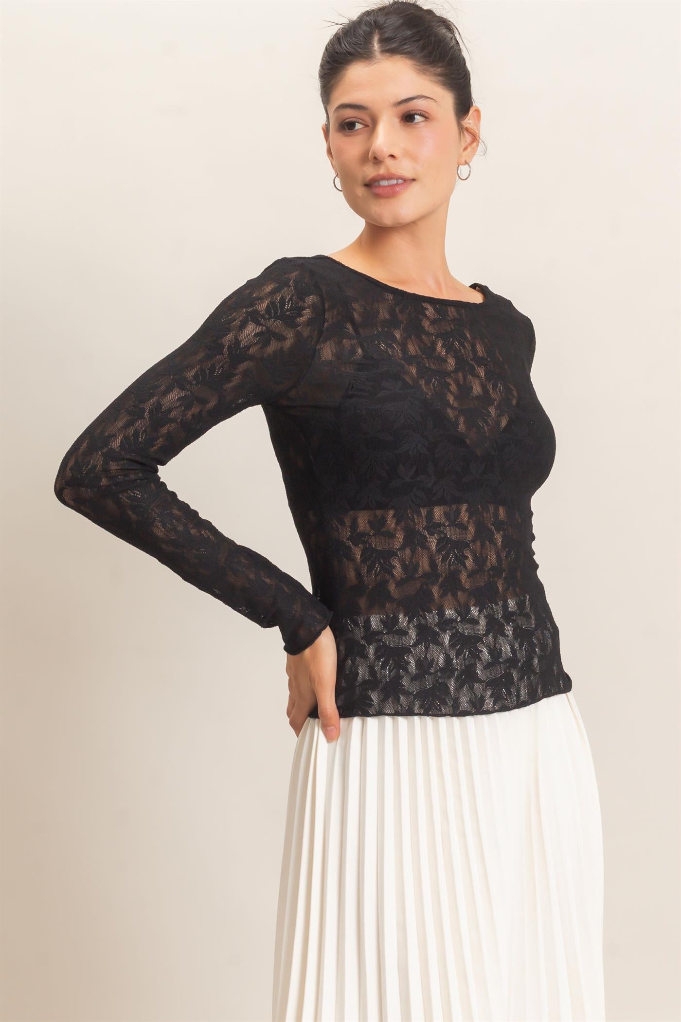 Wholesale Floral Lace Long Sleeve Top Clothing Tops HF26E309 BLACK HYFVE