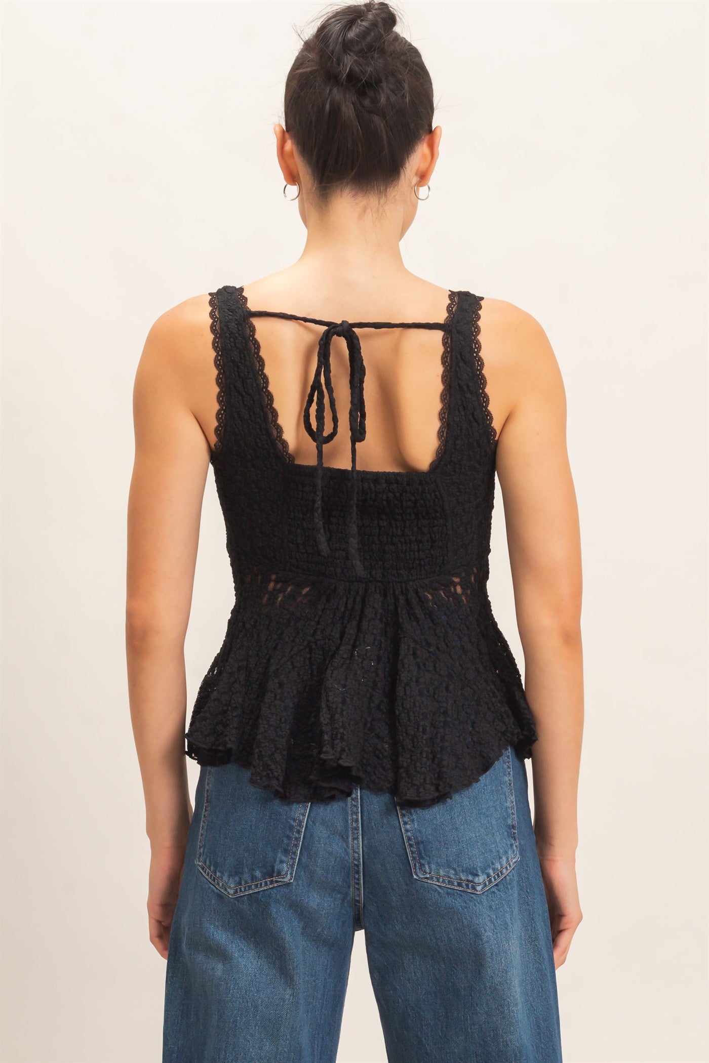 Wholesale Lace V-Neck Peplum Top Clothing Tops HF26E088 BLACK HYFVE