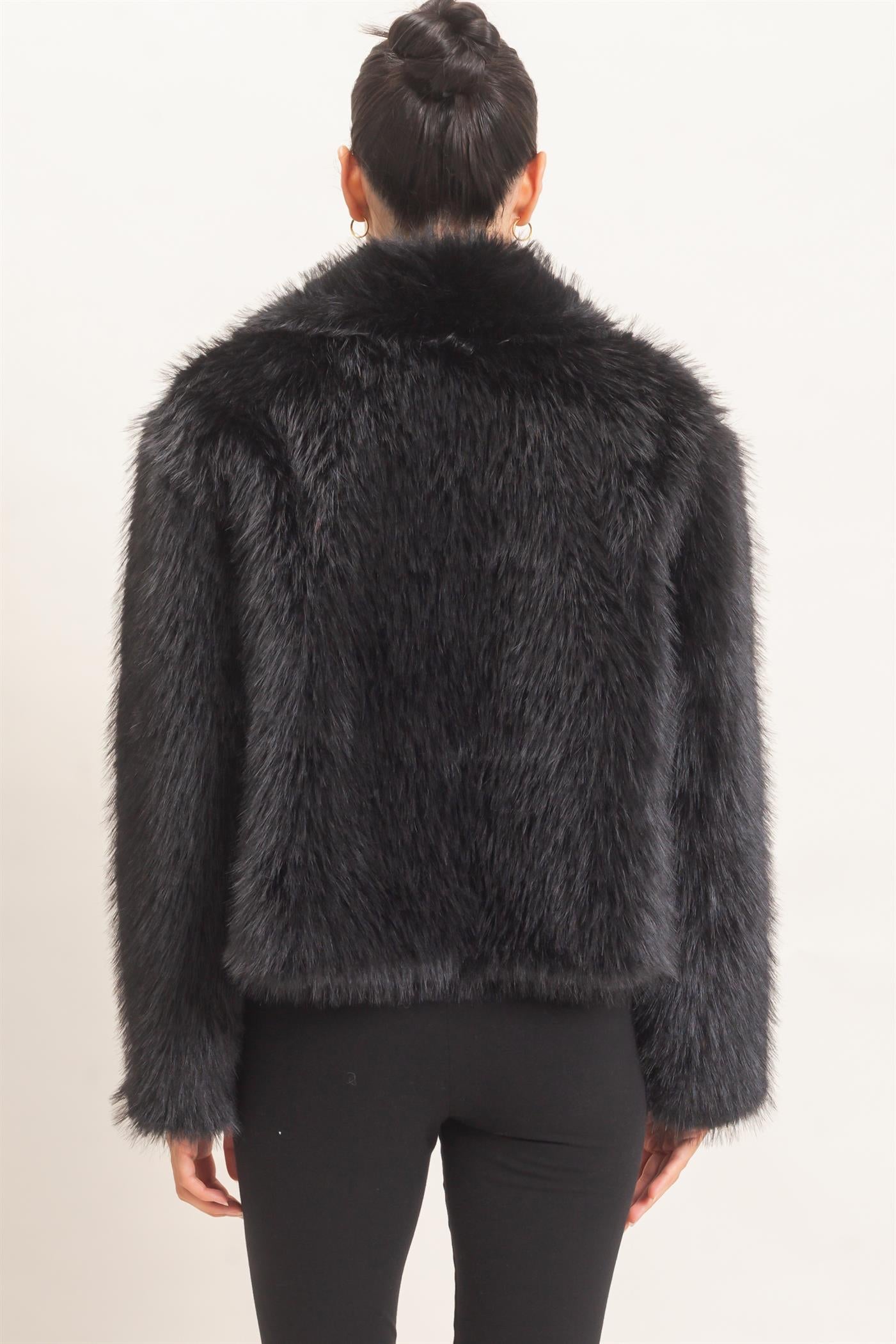 Wholesale Shawl Collar Faux Fur Jacket Outerwear HF26F207-D BLACK HYFVE