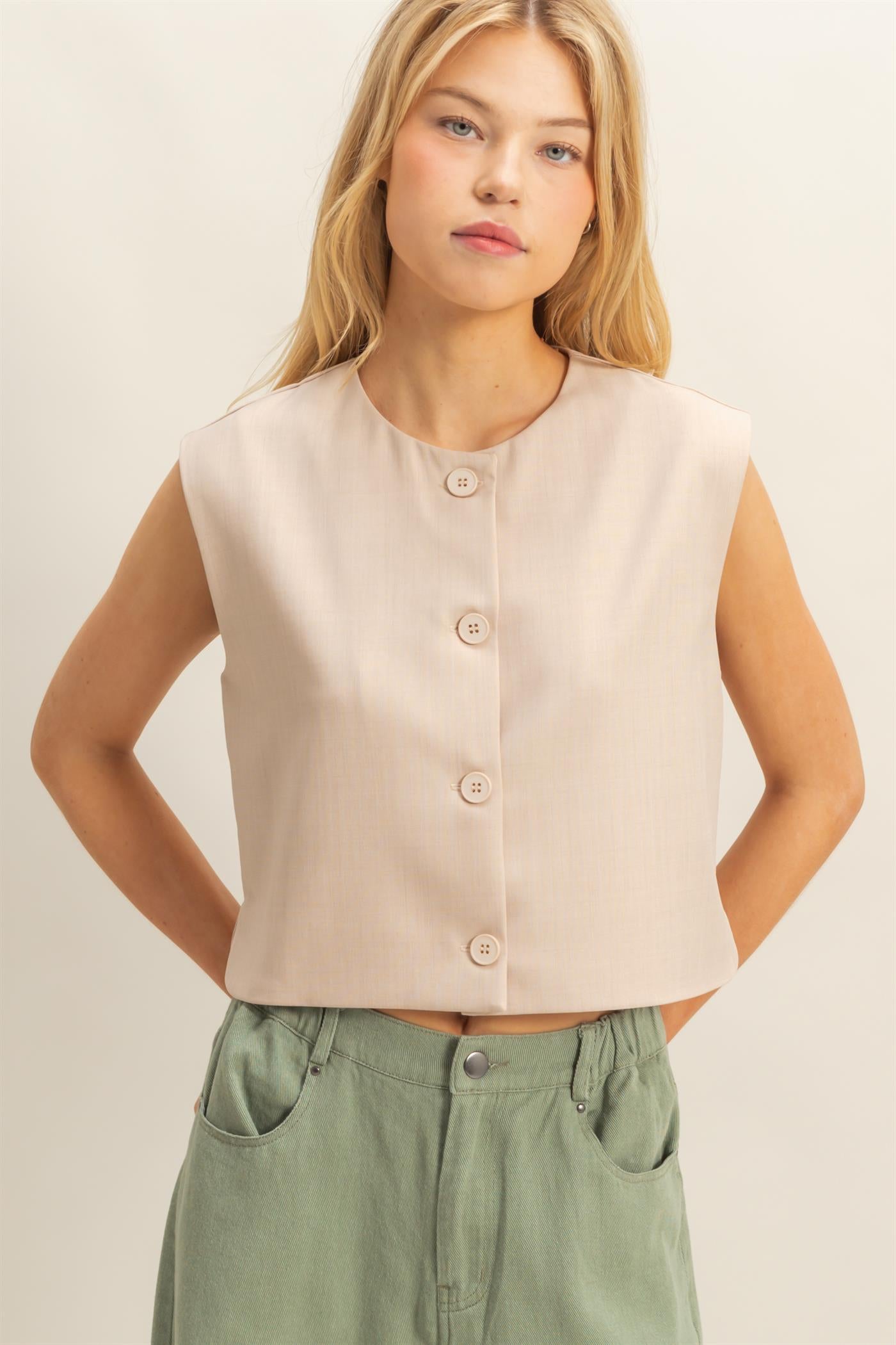 Wholesale Sleek Sleeveless Vest Top Clothing Tops HF25E489 BEIGE HYFVE