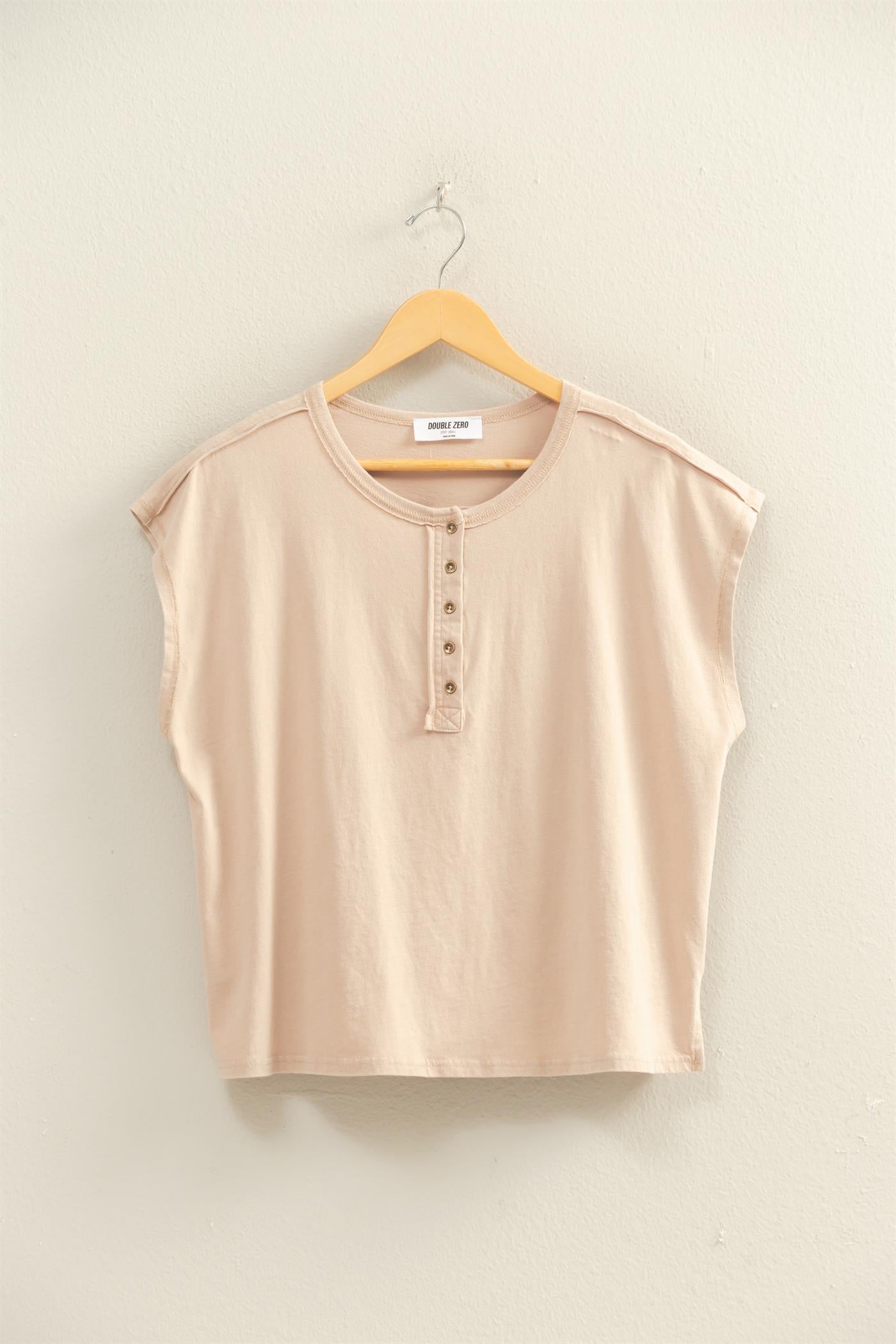Wholesale Henley Neck Cap Sleeve Top Clothing Tops DZ26E279 TAUPE DOUBLE ZERO