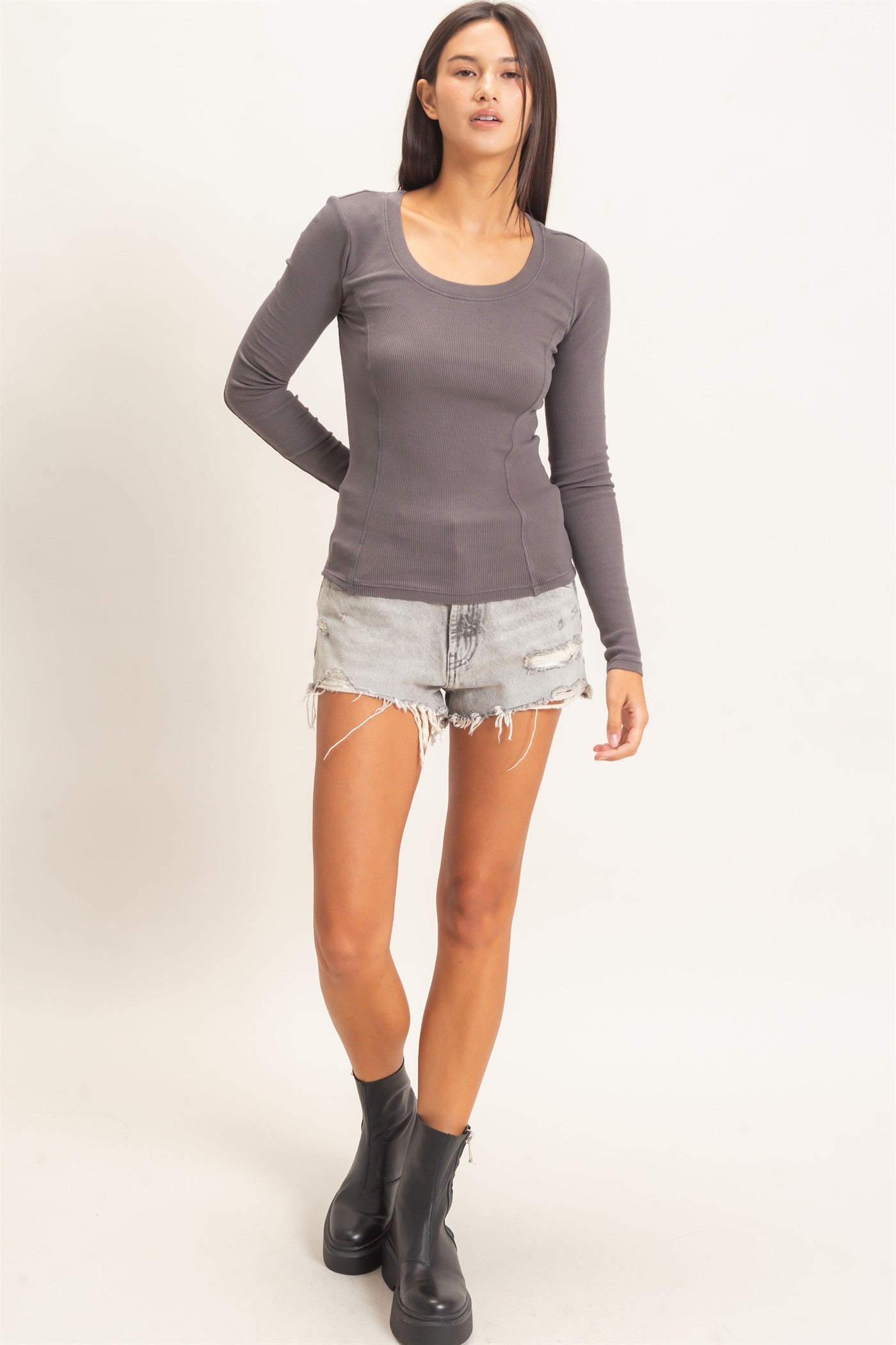 Wholesale Pigment Dye Seam Detail Scoop Neck Top Clothing Tops DZ26E242 CHARCOAL DOUBLE ZERO