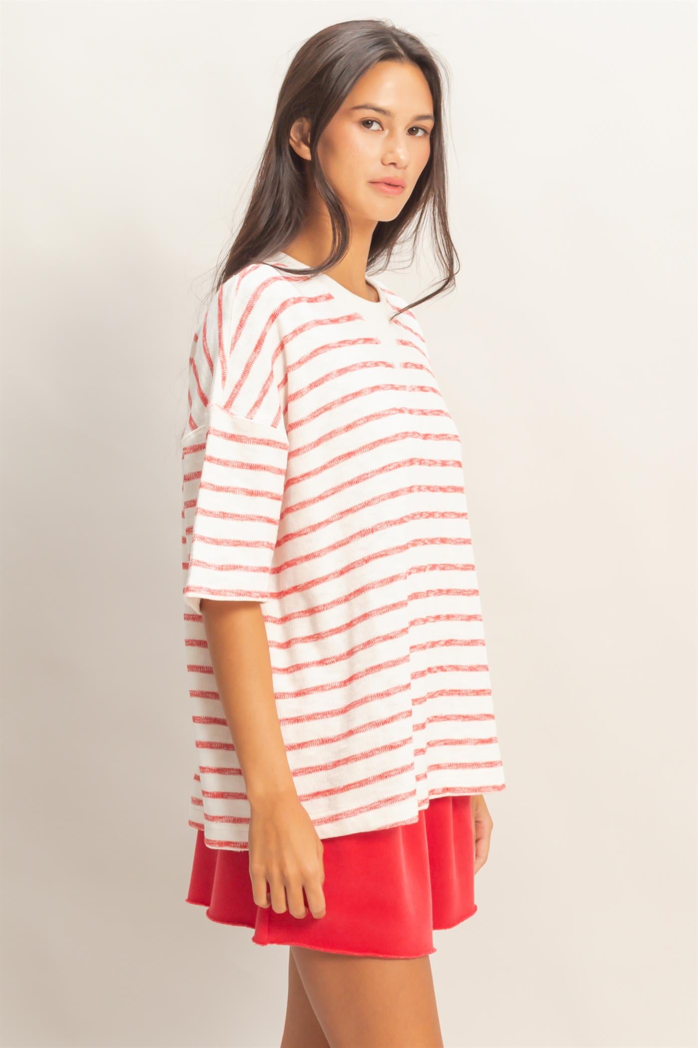 Wholesale Oversized Striped V-Stitch Short Sleeve Top Clothing Tops DZ26A455 RED DOUBLE ZERO