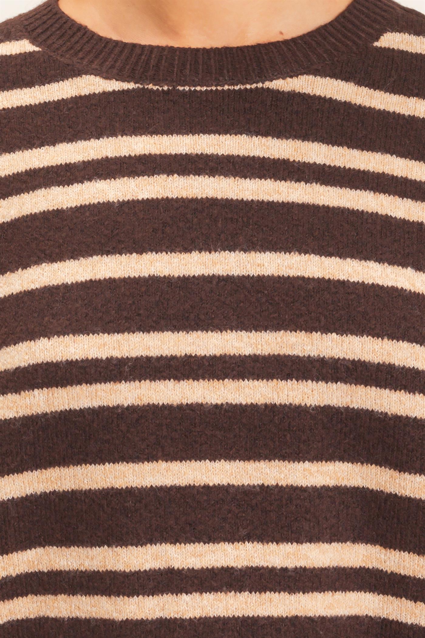 Wholesale Striped Crew Neck Sweater Sweaters DZ26E389 DARK BROWN DOUBLE ZERO