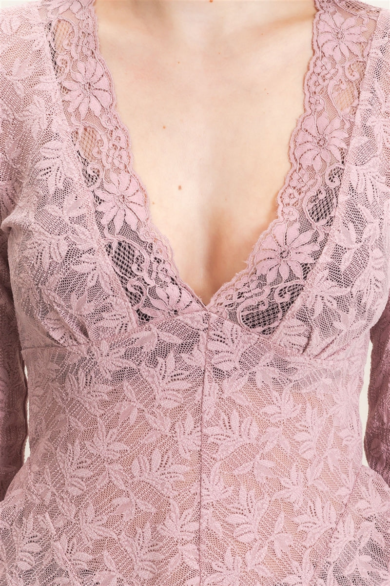 Wholesale Lace V-Neck Flare Sleeve Top Clothing Tops HF26E359 LIGHT MAUVE HYFVE