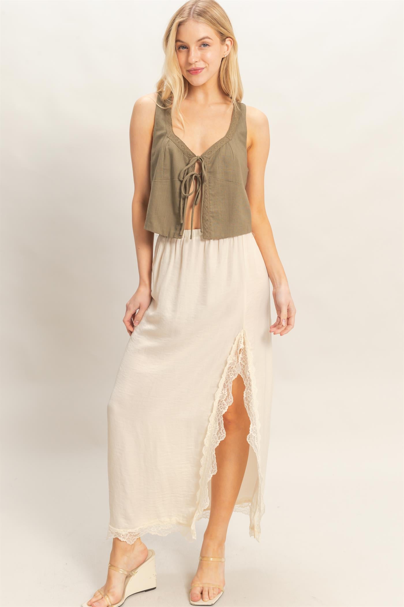 Wholesale Sleeveless Tie-Front Top Blouses HF26C298 OLIVE HYFVE