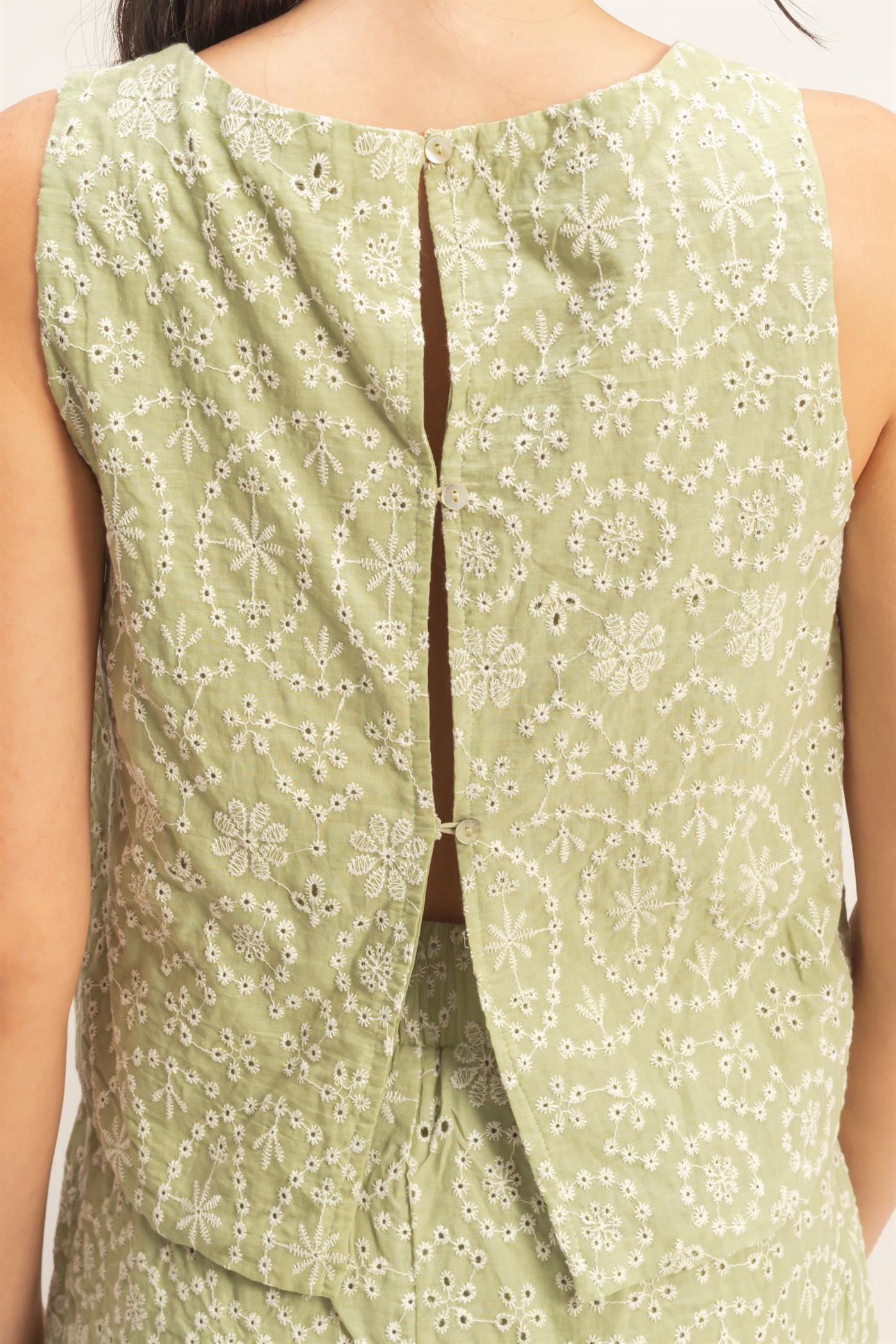 Wholesale Eyelet Sleeveless Top & Shorts Set Clothing HF26C216-SET GREEN HYFVE