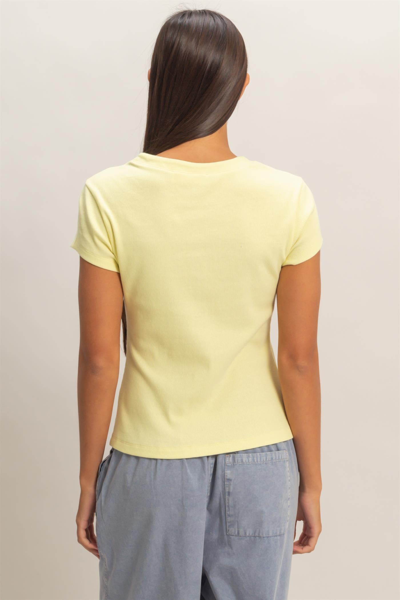 Wholesale Ribbed Button-Front Crew Neck Top Clothing Tops DZ26A727 PALE YELLOW DOUBLE ZERO