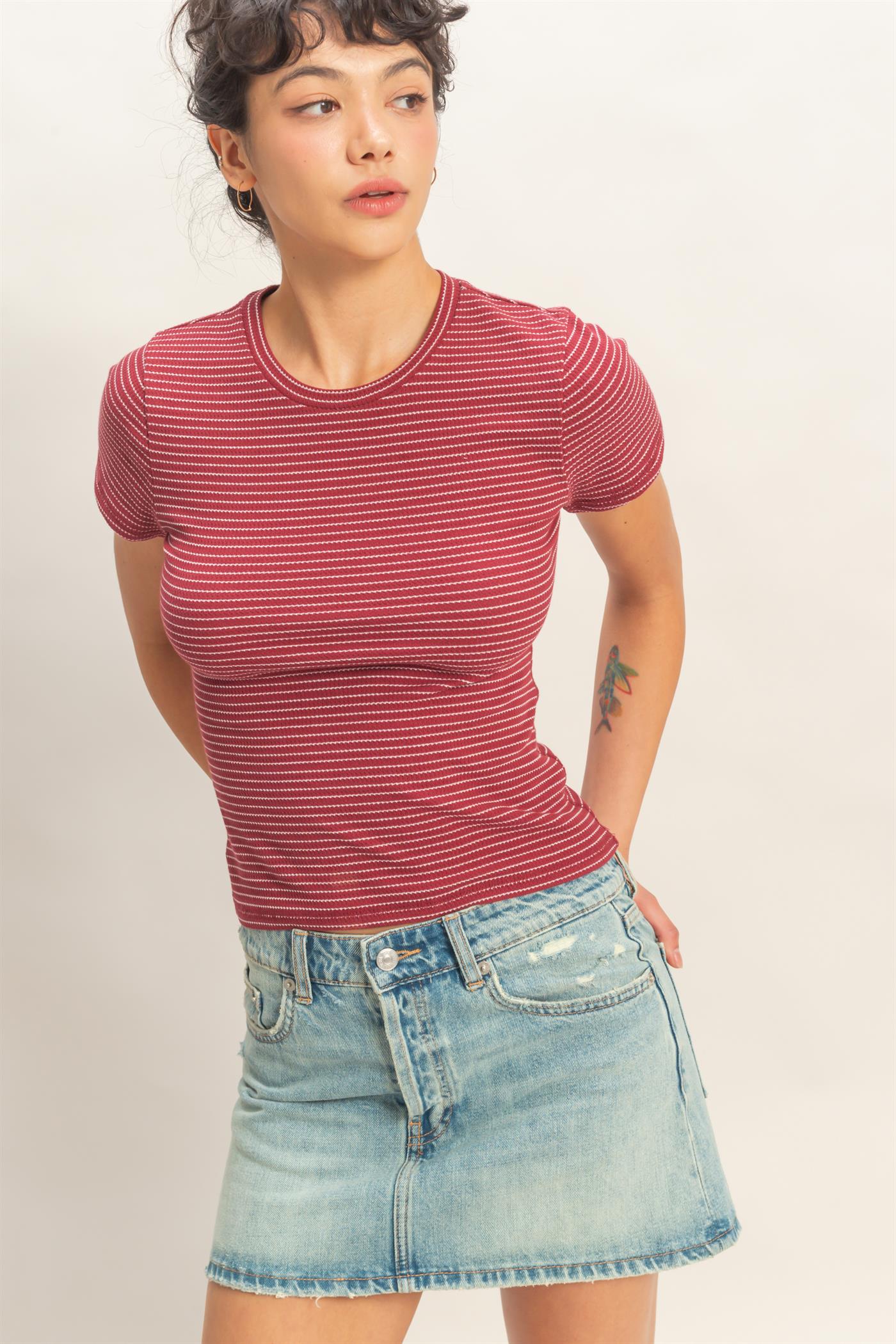 Wholesale Striped Ribbed Crew Neck Top Clothing Tops DZ26C281 DARK RED DOUBLE ZERO