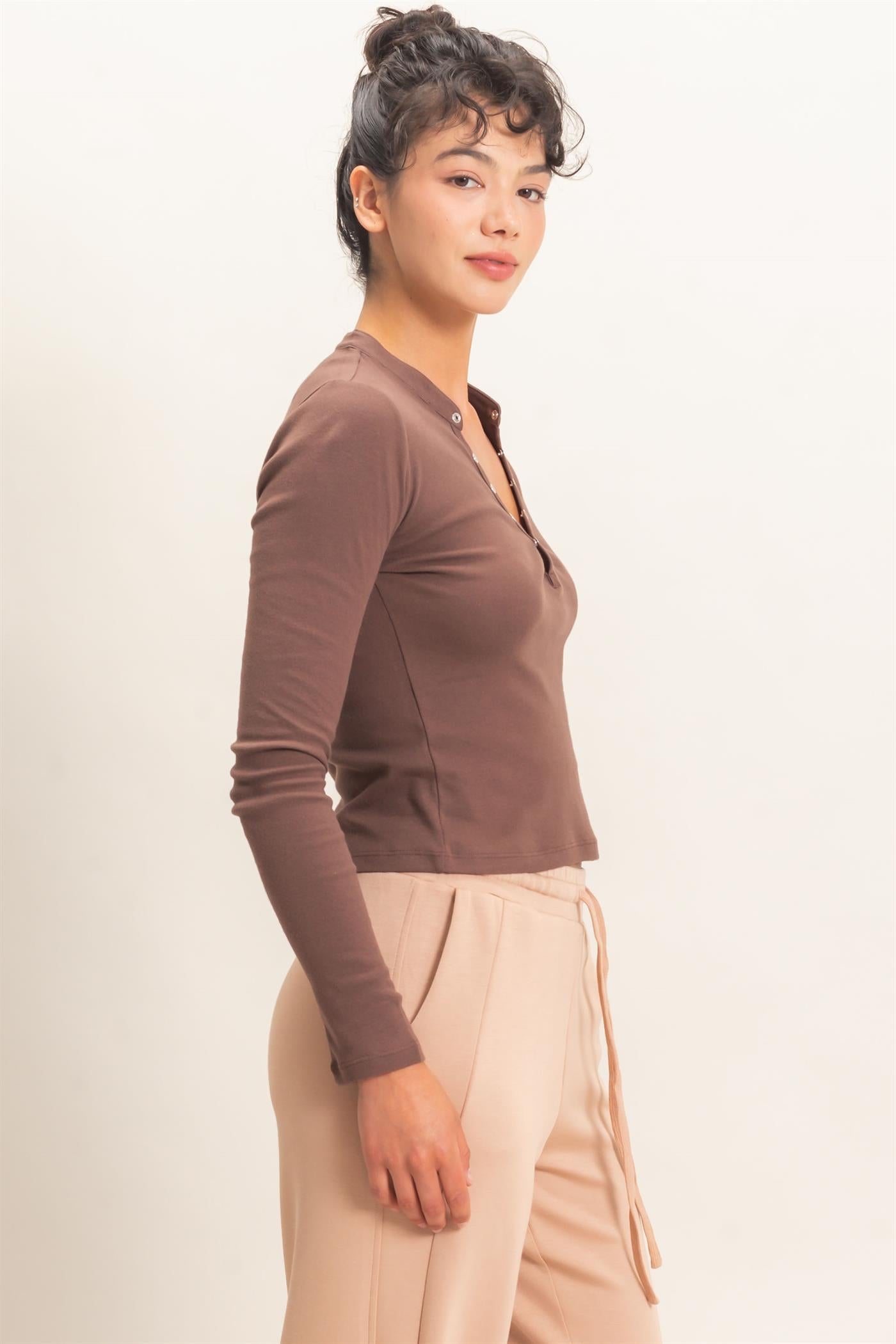 Wholesale Long Sleeve Henley Top Clothing Tops DZ26E865 DARK BROWN DOUBLE ZERO