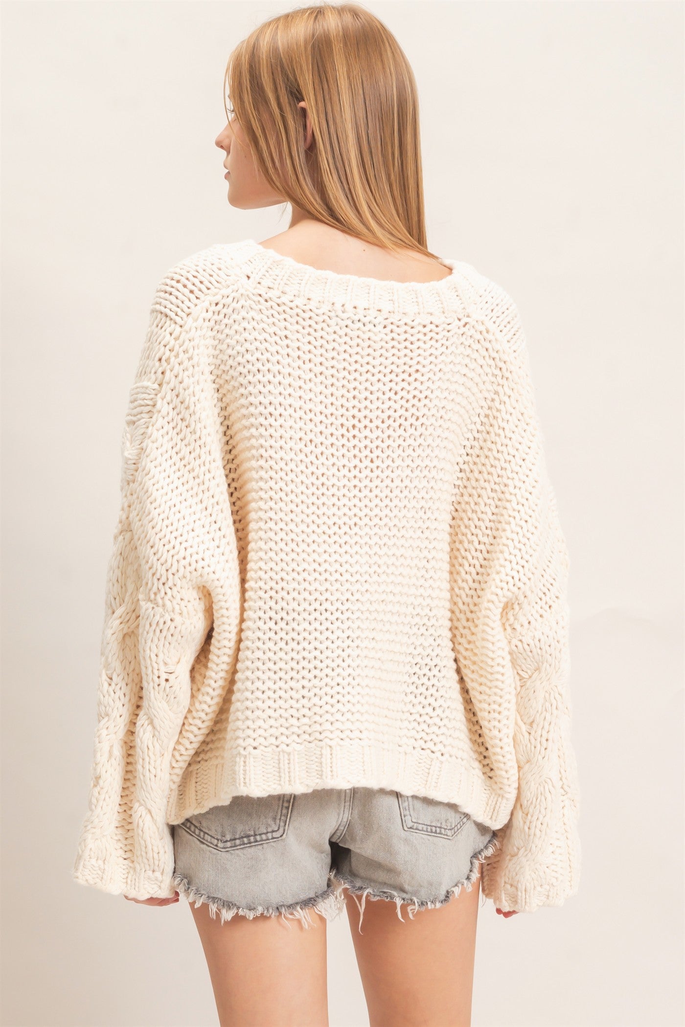 Wholesale Cable Knit V-Neck Sweater Sweaters HF26F175-D CREAM HYFVE