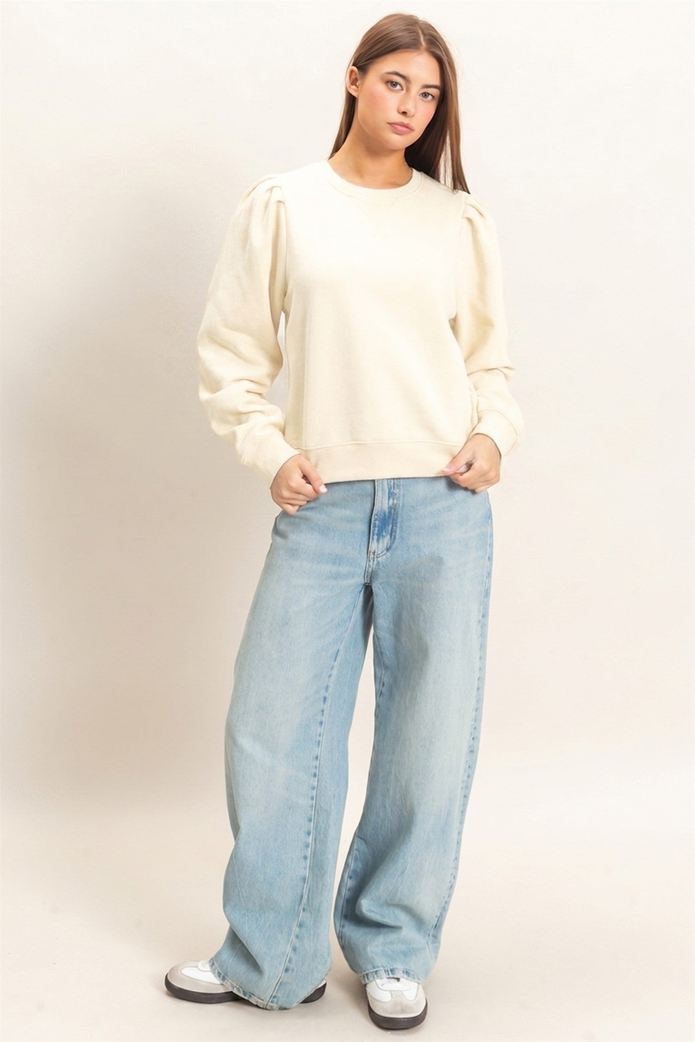 Wholesale Puff Sleeve Crew Neck Sweatshirt Sweatshirts DZ26E110 CREAM DOUBLE ZERO