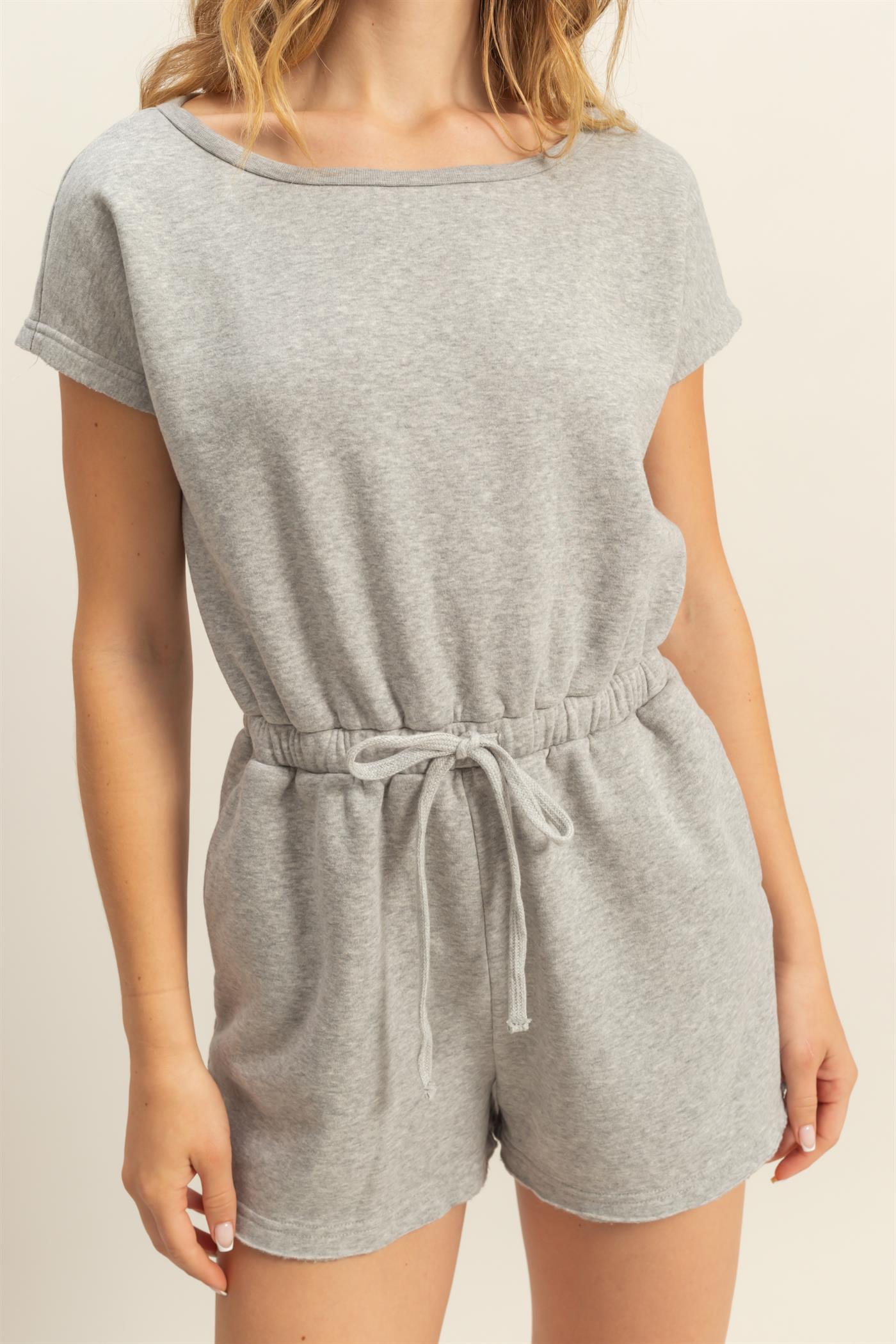 Wholesale Cap Sleeve Drawstring Waist Romper Clothing DZ25A782 HEATHER GRAY DOUBLE ZERO