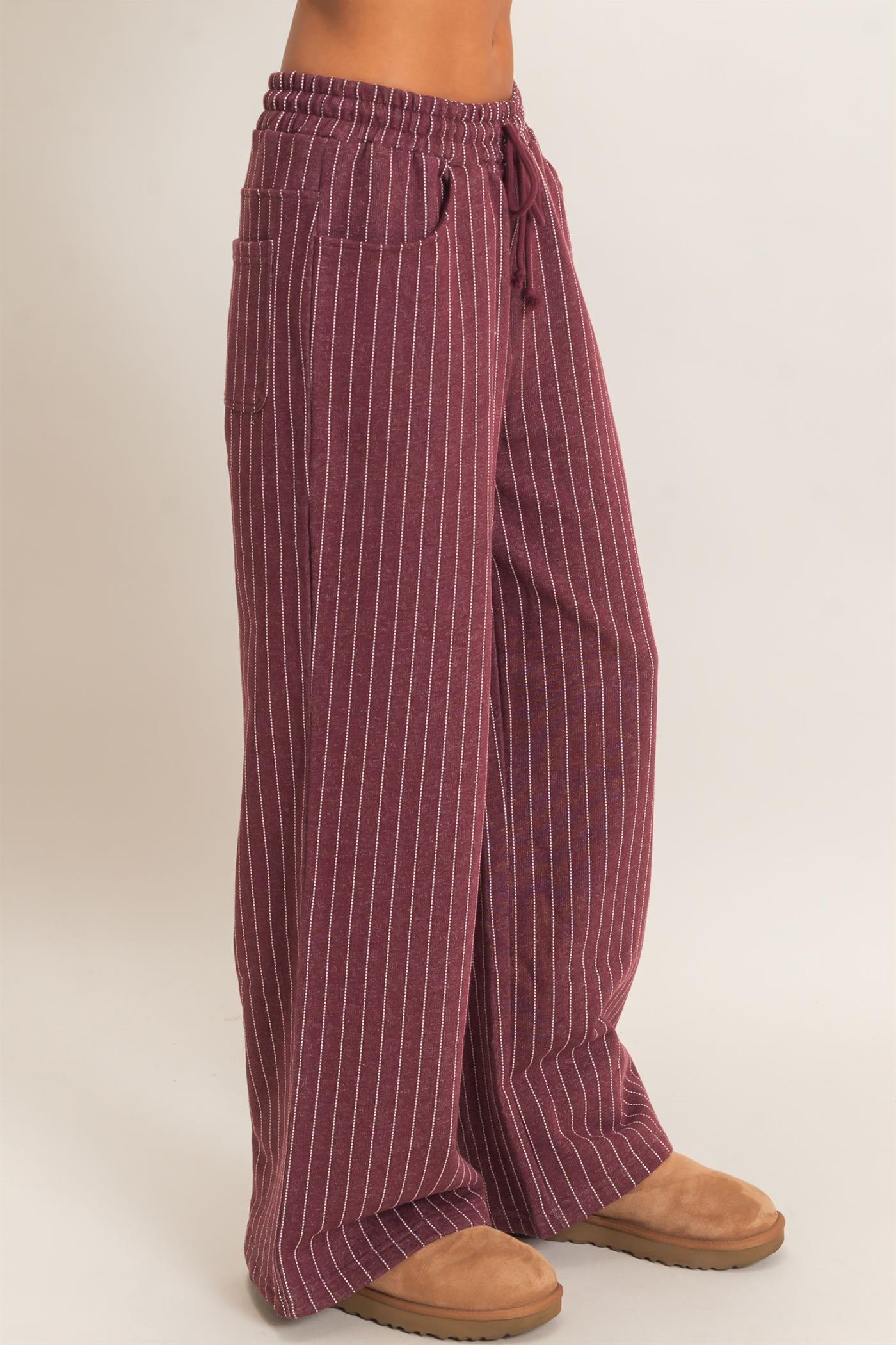 Wholesale Pinstripe Elastic Waist Sweatpants Pants DZ26A813 DARK CHERRY DOUBLE ZERO
