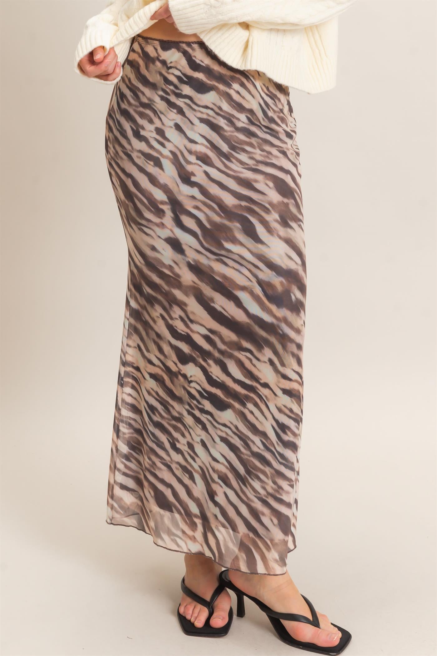 Wholesale Printed Mesh Maxi Skirt Skirts HF26F214 TAUPE/ANIMAL HYFVE