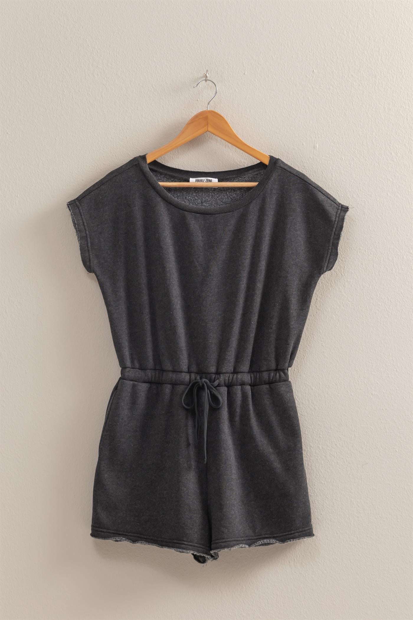 Wholesale Cap Sleeve Drawstring Waist Romper Clothing DZ25A782 BLACK DOUBLE ZERO