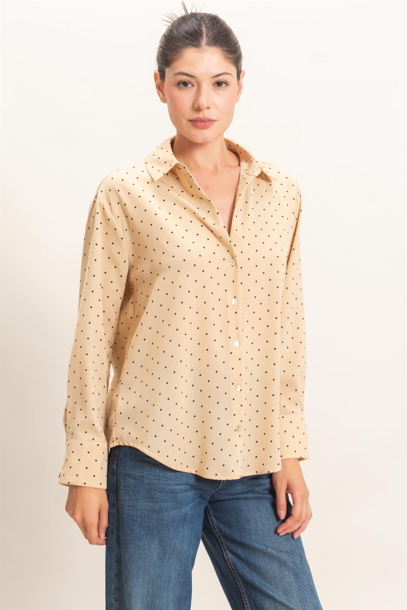 Wholesale Button-Up Polka Dot Shirt Shirts HF26F401 BEIGE HYFVE
