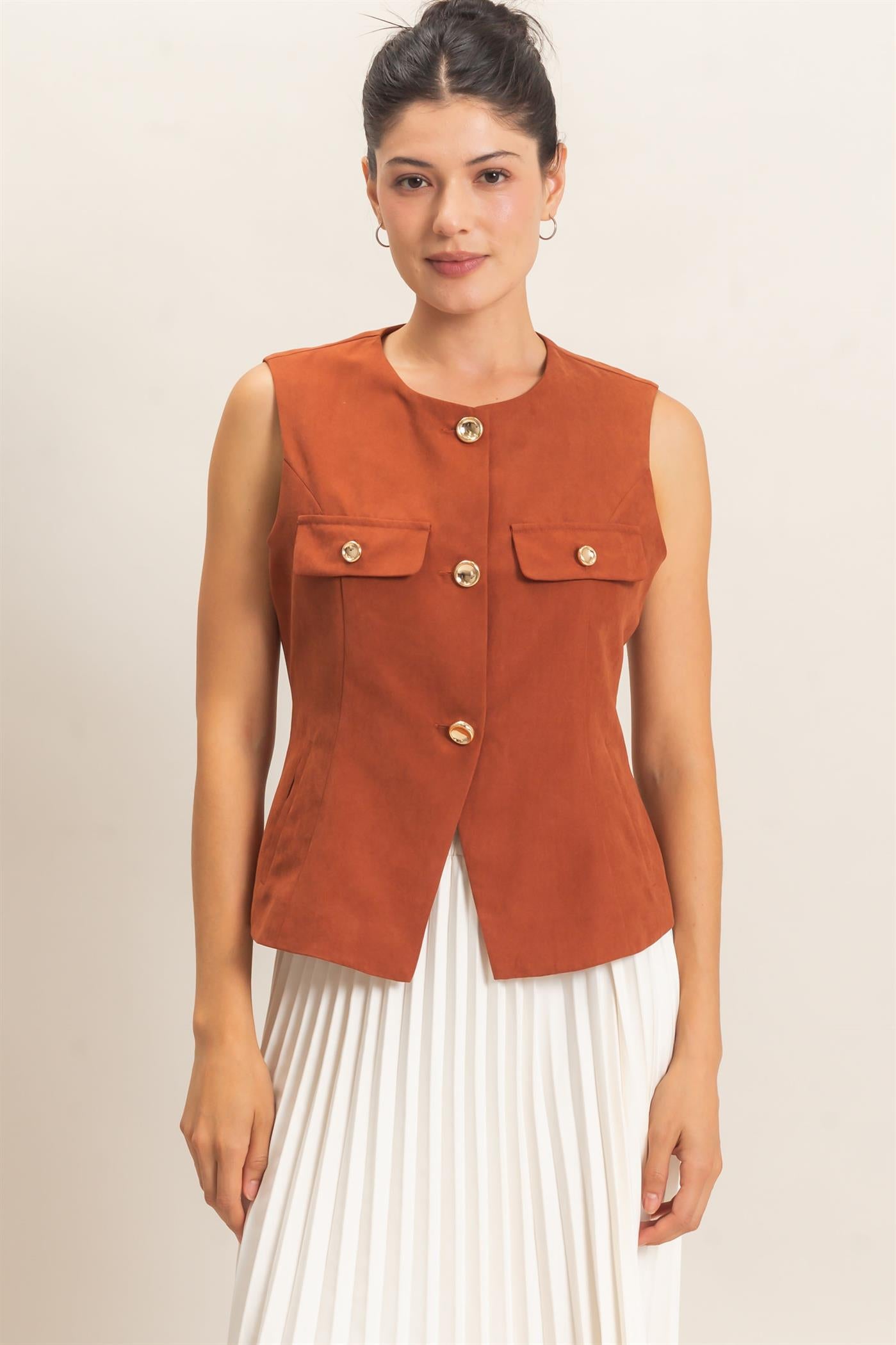 Wholesale Buttoned Sleeveless Utility Vest Vests HF26E929 RUST HYFVE