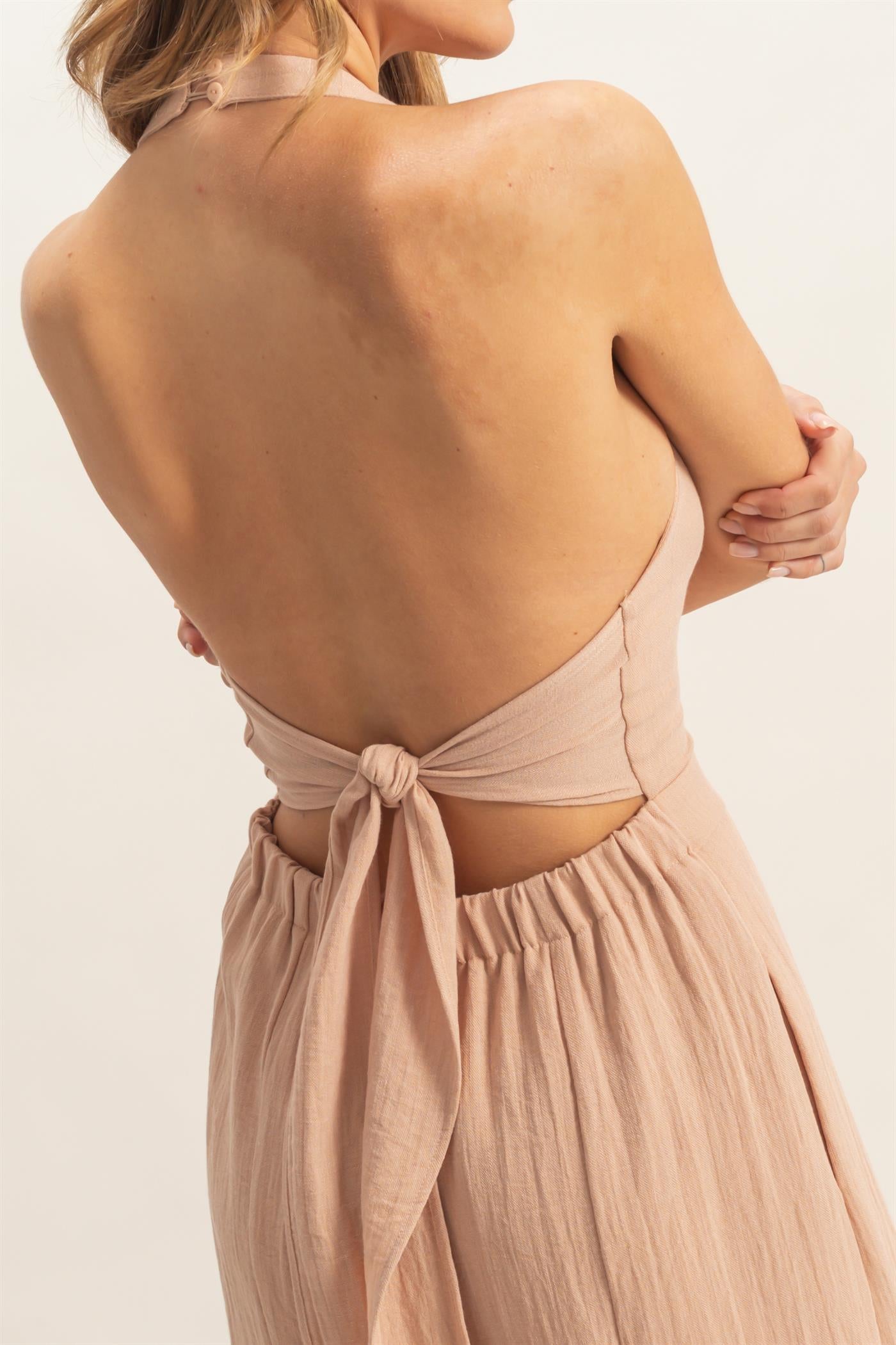 Wholesale Halter Button-Front Jumpsuit Clothing HF26A615-D PEACH BLUSH HYFVE