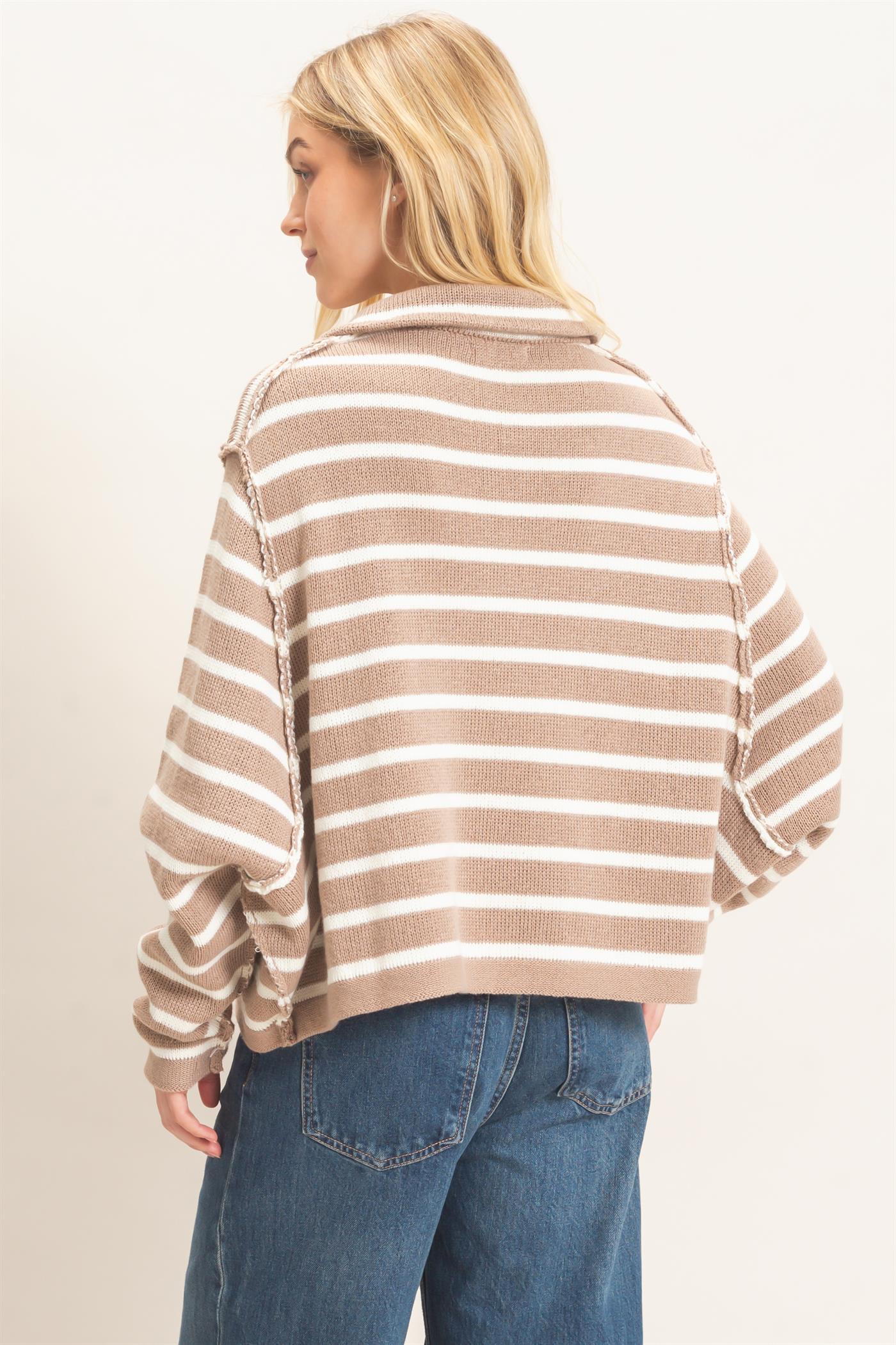 Wholesale Striped Button Front Cardigan Sweaters HF26F197 TAUPE HYFVE