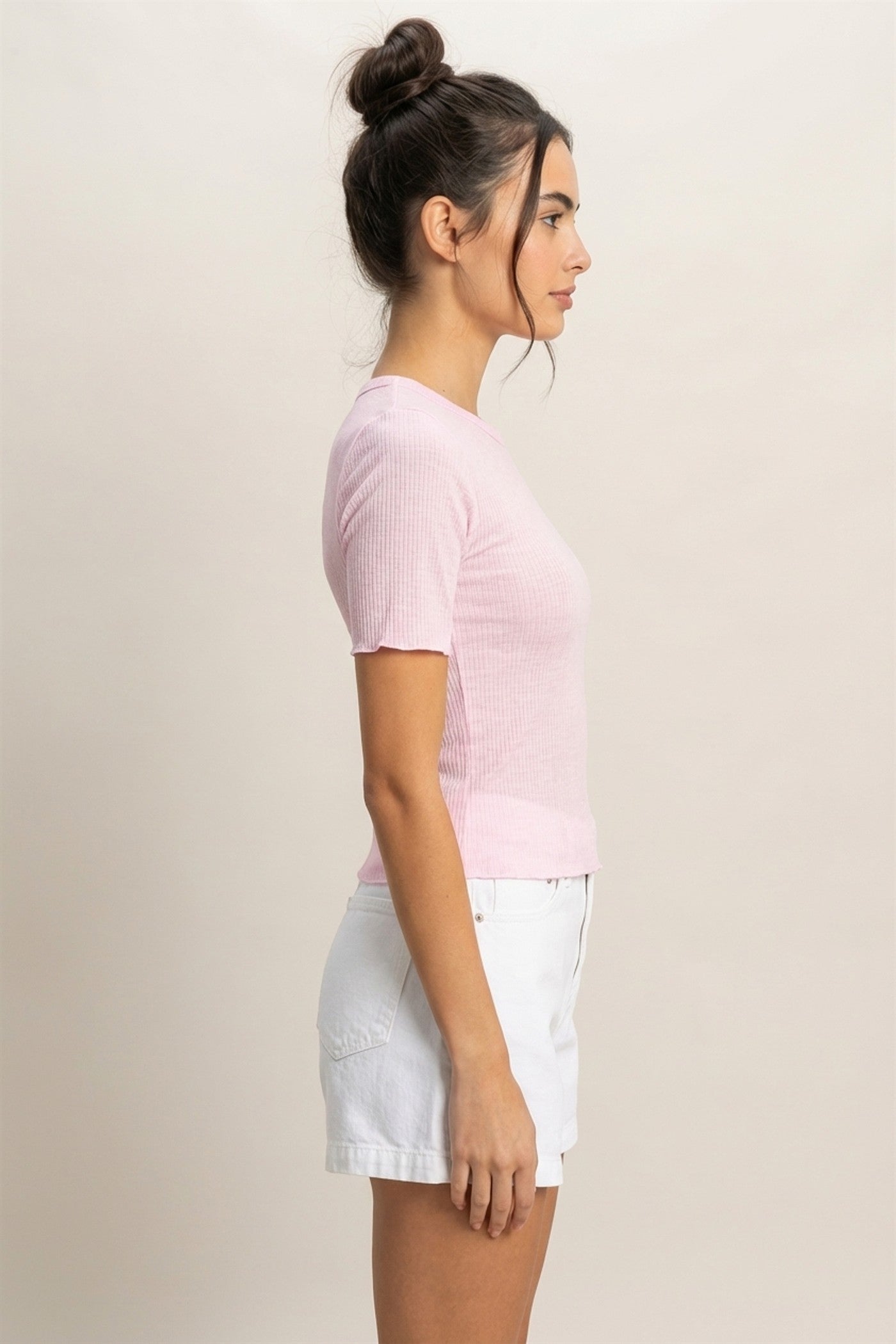 Wholesale Ribbed Short Sleeve Top Clothing Tops DZ24C197 PALE PINK DOUBLE ZERO