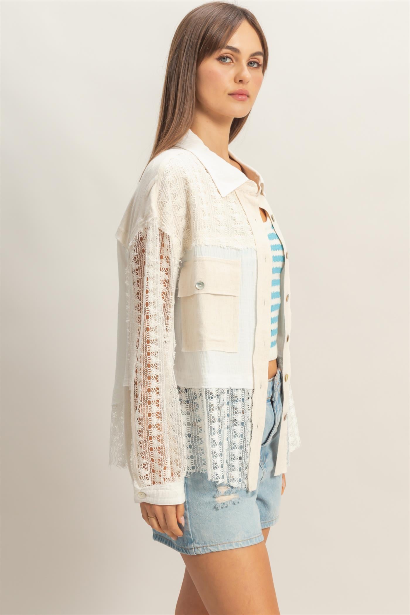 Wholesale Lace Panel Button-Up Shirt Shirts HF26C315 OATMEAL HYFVE