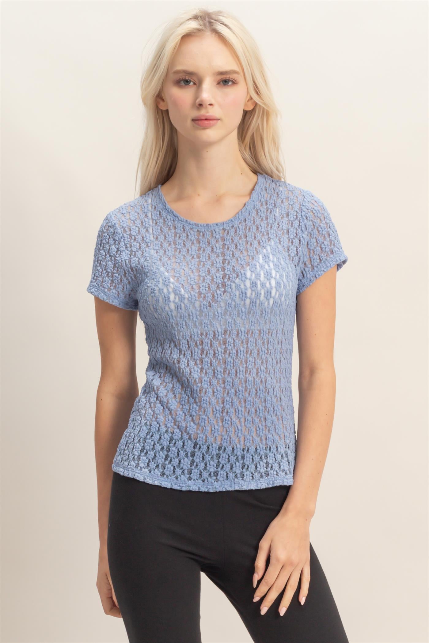 Wholesale Textured Lace Short Sleeve Top Clothing Tops DZ26C394 PALE INDIGO DOUBLE ZERO