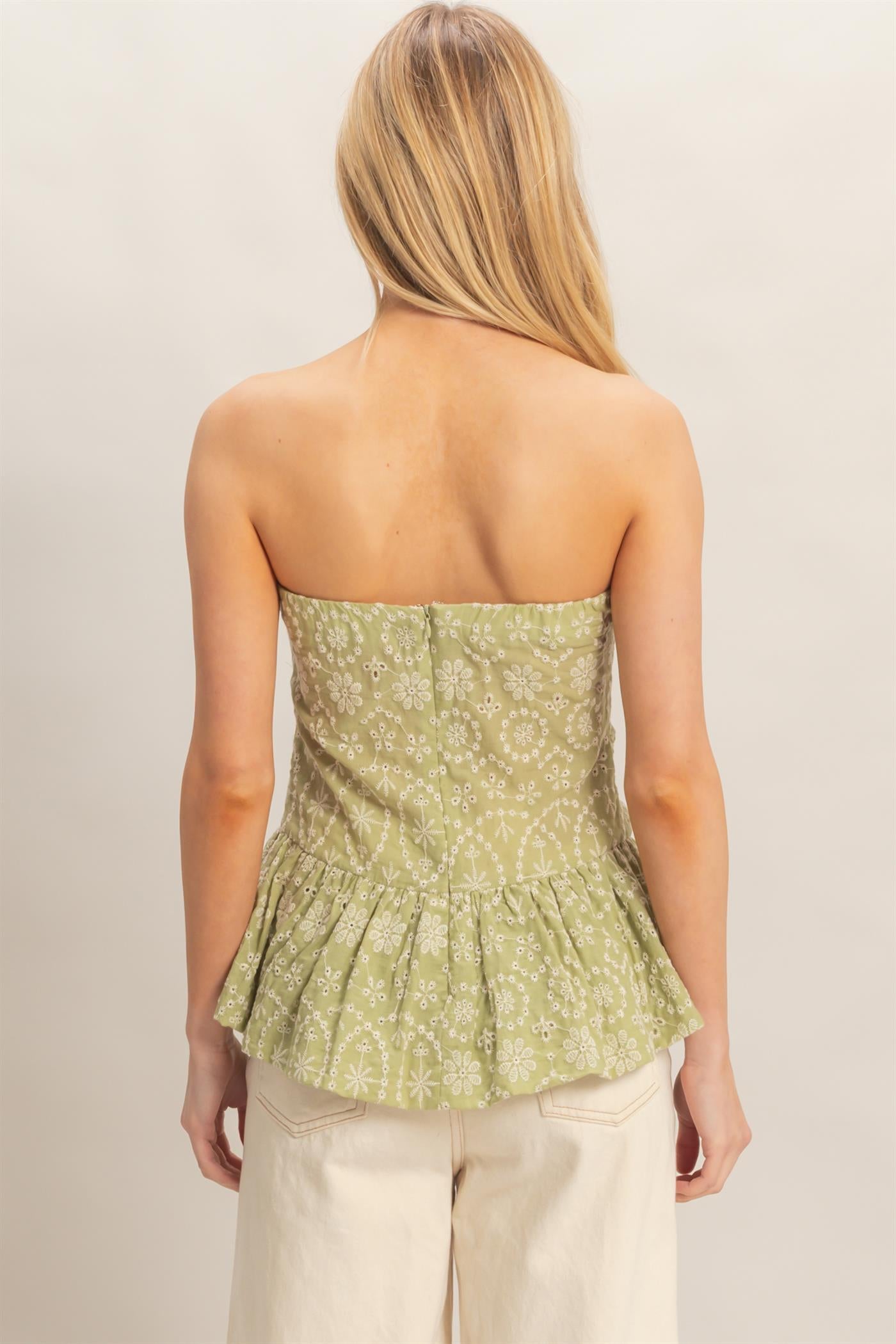 Wholesale Floral Eyelet Tube Top Clothing Tops HF26A213 GREEN HYFVE