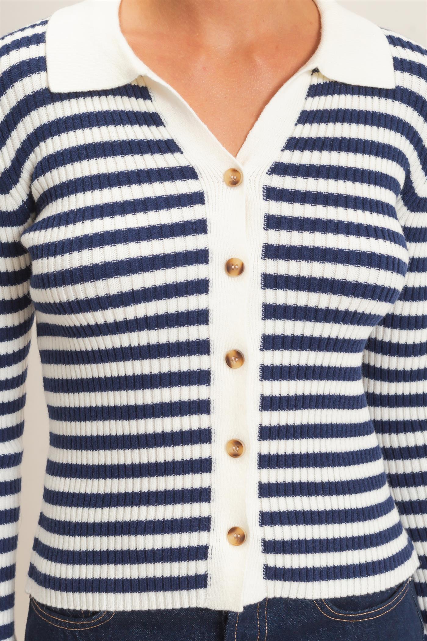 Wholesale Ribbed Striped Polo Knit Top Clothing Tops DZ26E099 NAVY DOUBLE ZERO