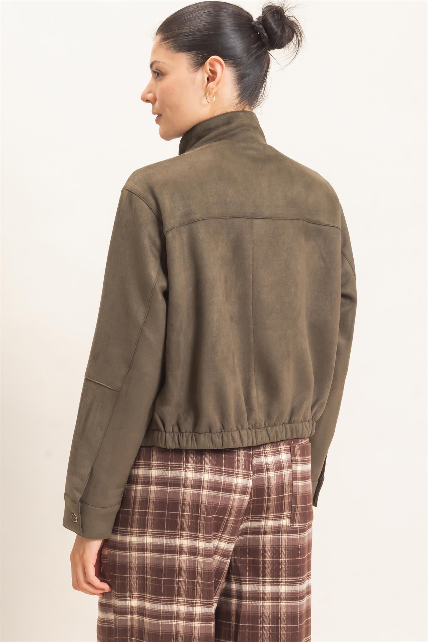 Wholesale Collar Suede Snap Jacket Coats & Jackets HF26E373 OLIVE HYFVE