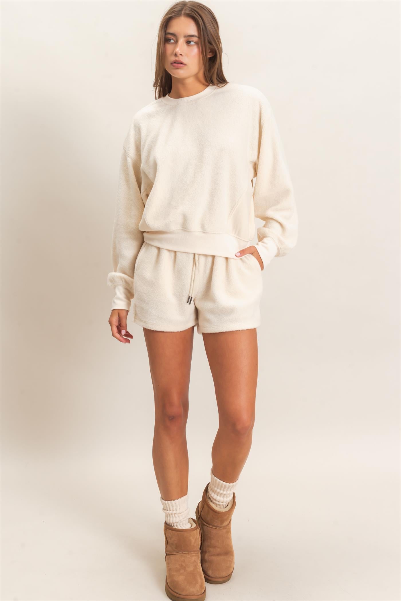 Wholesale Contrast Sweatshirt & Shorts Set Clothing DZ25F478-SET IVORY DOUBLE ZERO