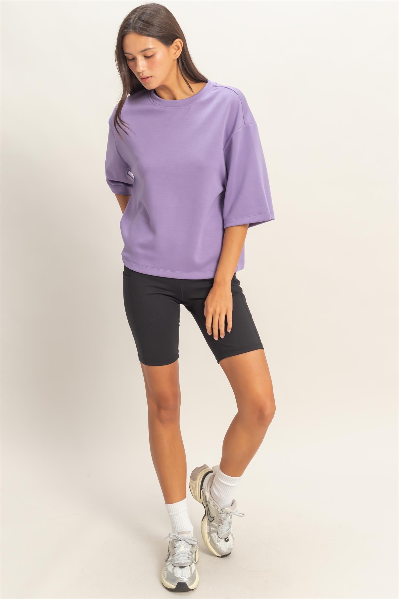Wholesale Scuba Short Sleeve Boxy Top T-Shirts DZ26A271 DUSTY PURPLE DOUBLE ZERO